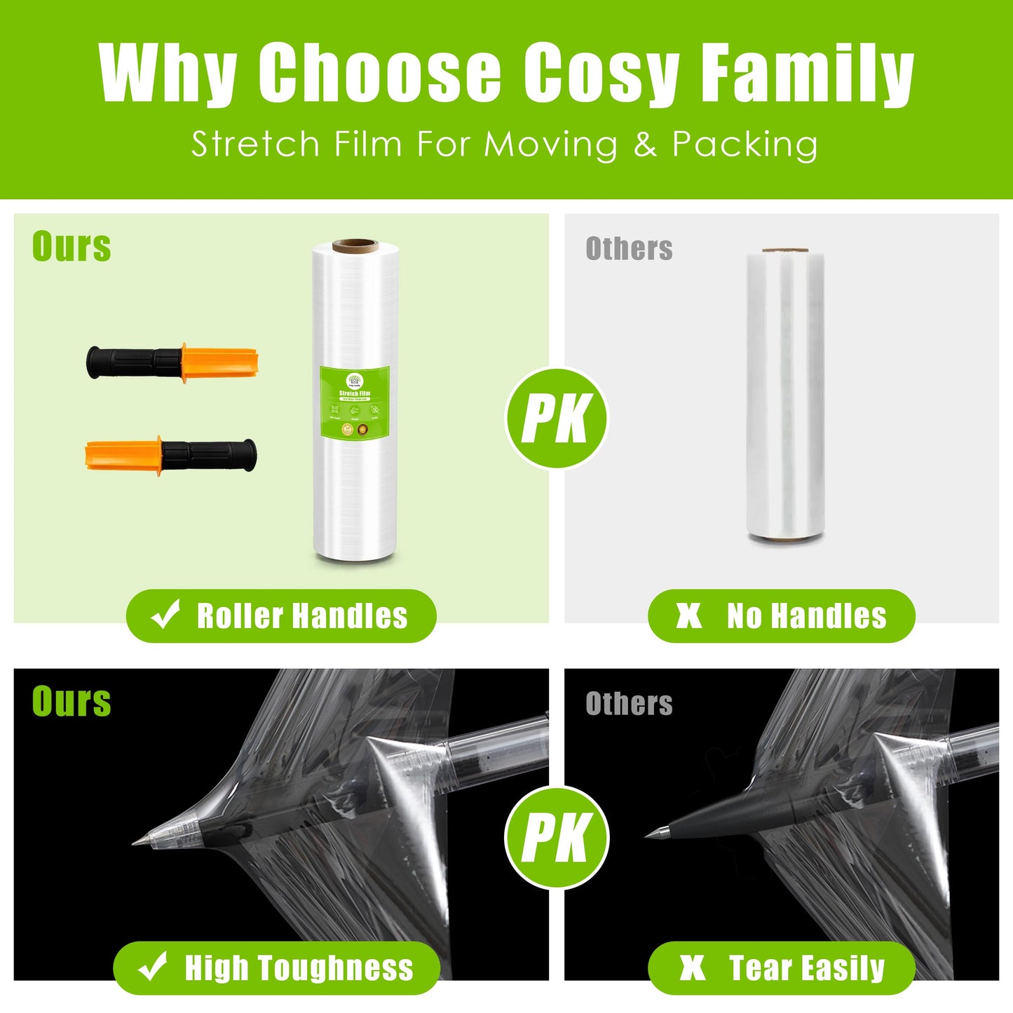 Cosy Family Plastic Wrap Stretch Film Roll - 1000ft 60 Gauge Industrial Strength 15 inch Wide Clear Plastic Wrap Roll with Handles for Pallet Wrapping Shipping Moving - Clear, Pack of 4
