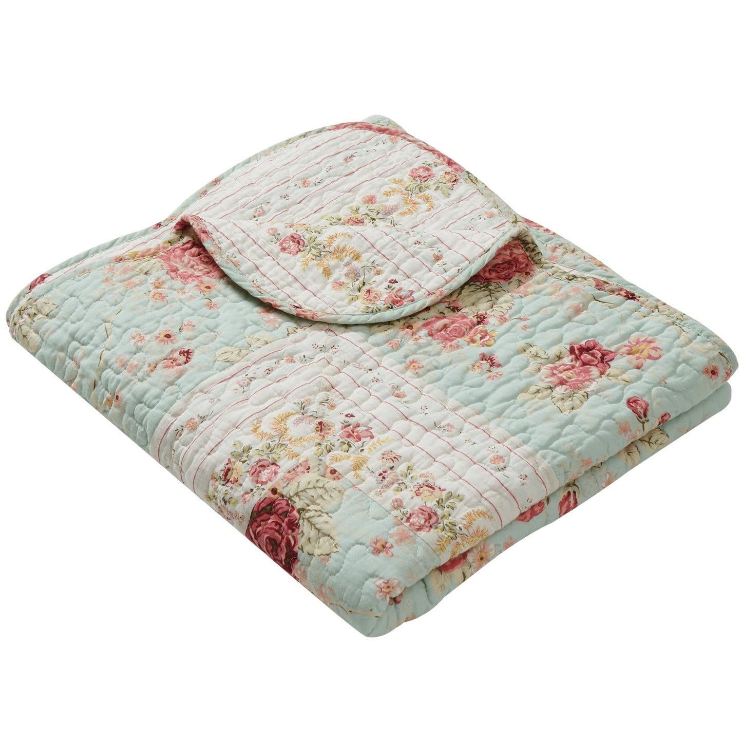 Greenland Home Fashions Antique Rose - Classic Traditional Floral - 100% Cotton Quilted Throw Blanket, 50 x 60 inches, Blue