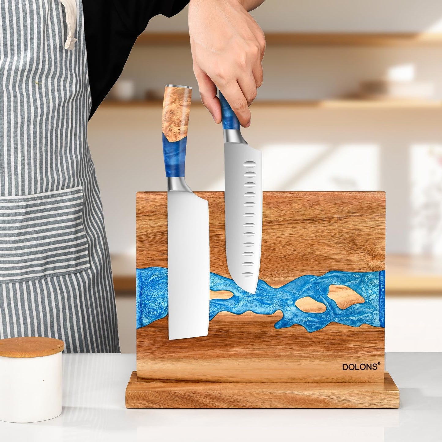 DOLONS Magnetic Knife Block,Acacia Wood And Resin Kitchen Magnetic Knife Holder，Equipped with strong magnets,Multifunctional Double Side Knife Storage Organizer for Kitchen Counter ，Gifts for new home