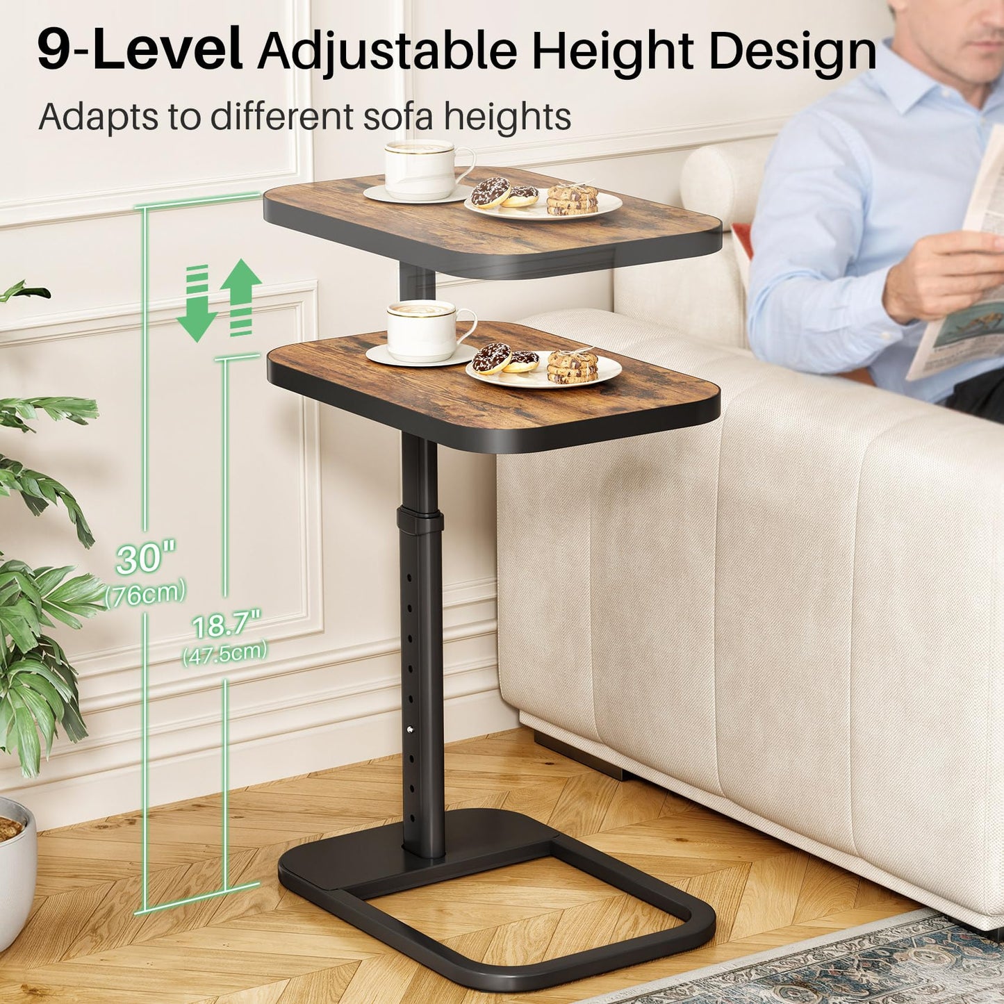 Kitstorack Adjustable Height C-Shaped End Table, 9-Level Side Table with Thickened Metal Rounded Edge, Couch Table Slides Under Sofa or Bed, Eating, Working, TV Tray Table for Small Spaces, Brown