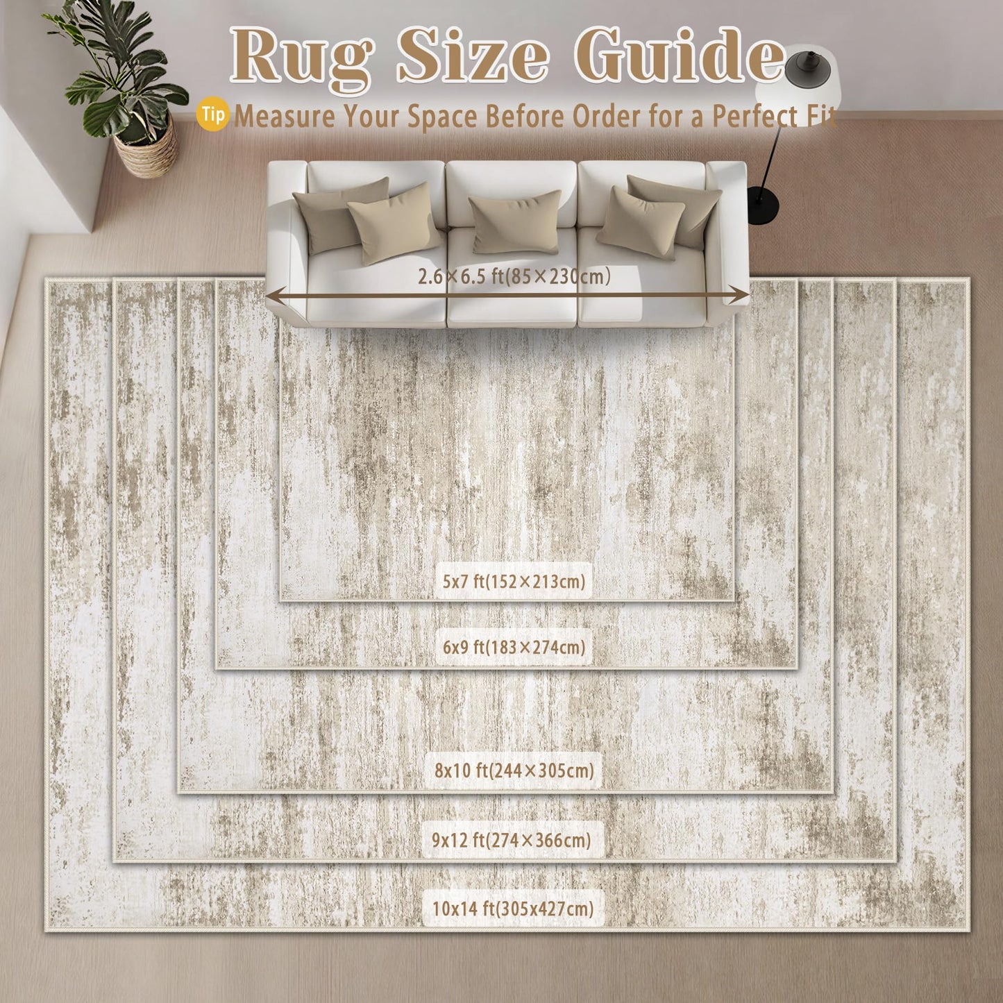 Washable Rug 5x7 Area Rugs for Living Room: Neutral Soft Rug Abstract Non Slip Low Pile Modern Carpet for Bedroom Kitchen Nursery Office Dining Room Indoor (Beige, 5'x7')