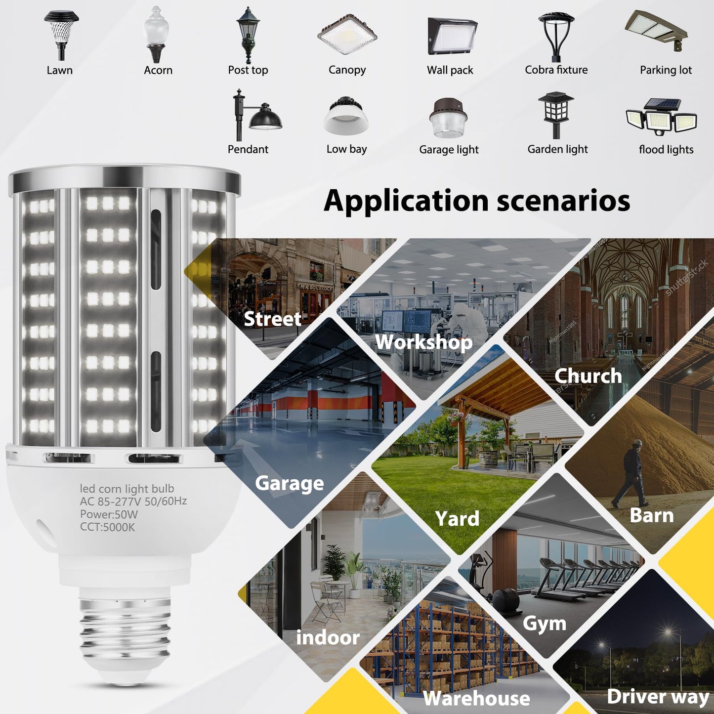 50W LED Corn Light Bulb(6 pack),5000K (500W Equivalent ) Commercial Grade Daylight E26/E39 6500LM Medium Mogul Base LED Lamp,Large Area Lights For Outdoor Indoor Garage Warehouse Factory Bay Light