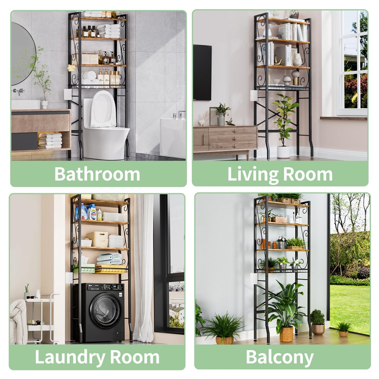 Over-The-Toilet Storage Rack 4-Tier,Bathroom Organizer Shelf Over Toilet,Adjustable Wooden Shelves and Basket,Freestanding Above Toilet Shelf,Space Saver for Rooms(Black Rack-Rustic Brown Shelves)
