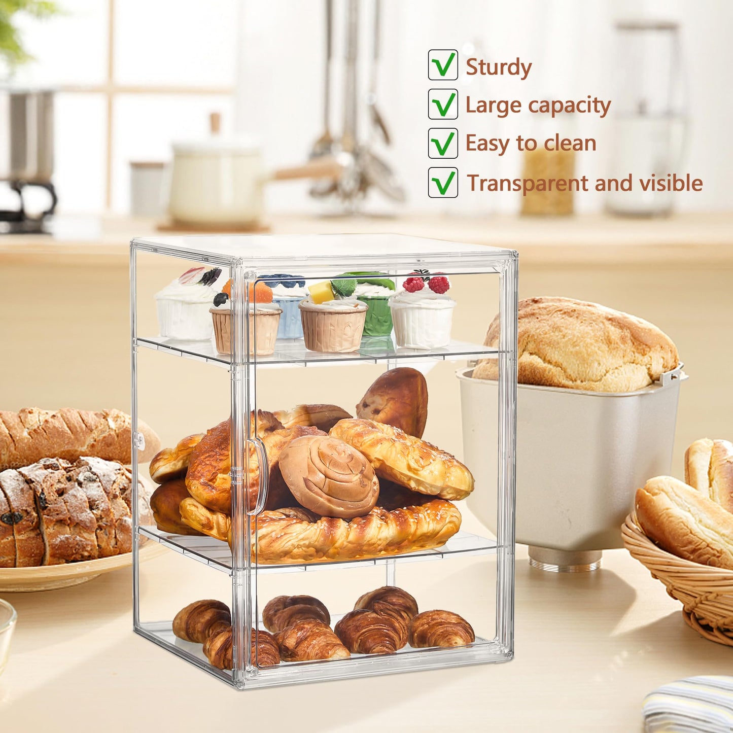 Pastry Display Case,Bread Box for Kitchen Countertop,4 Layers Adjustable Clear Bread Storage with Magnetic Door Bakery Pastry Display15.5x11.4x9.8inch，1 Pack