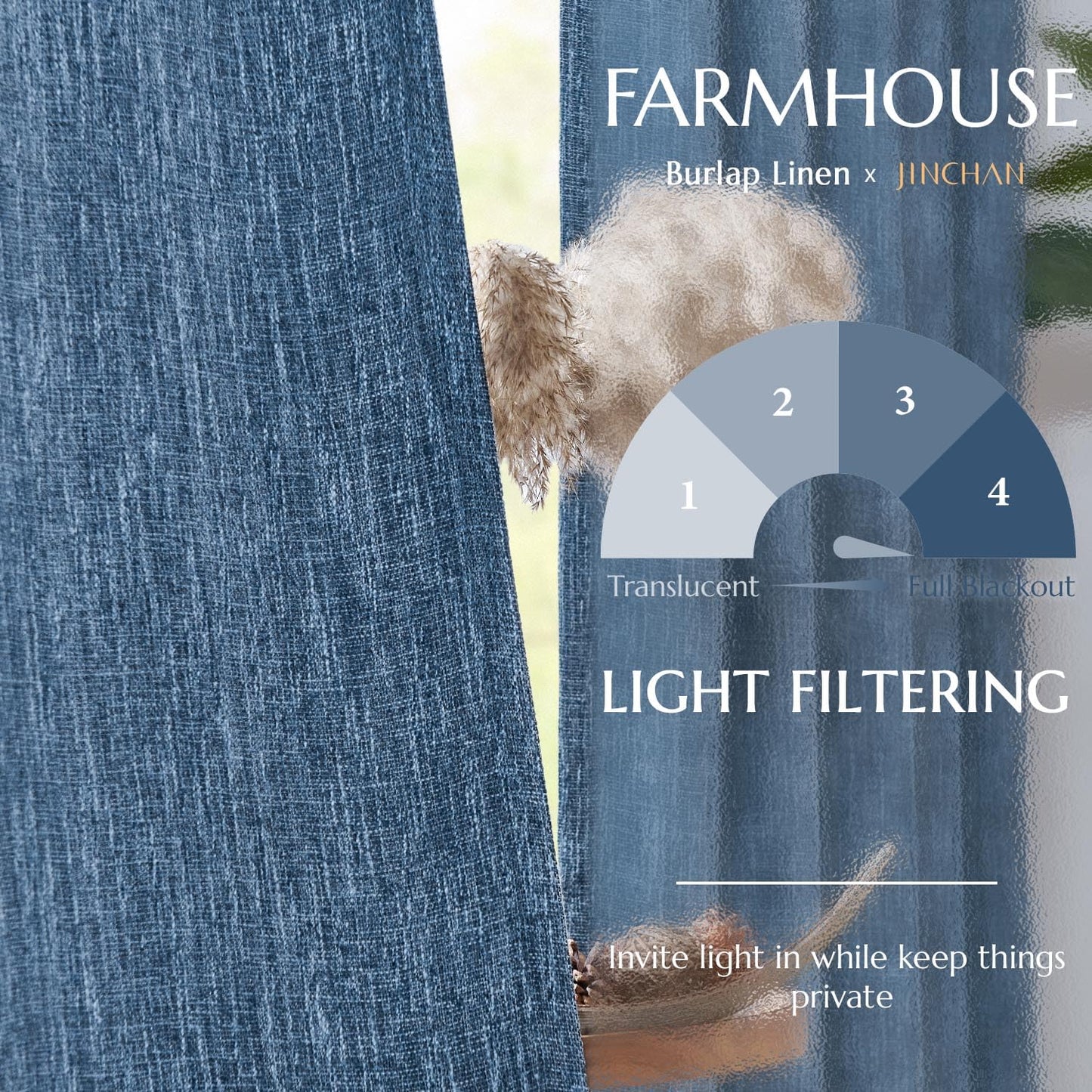 jinchan Burlap Look Curtains Blackout Curtains for Bedroom Lined Linen Textured Curtain for Living Room 84 Inches Long French Country Farmhouse Window Curtains 2 Panels Blue Curtains