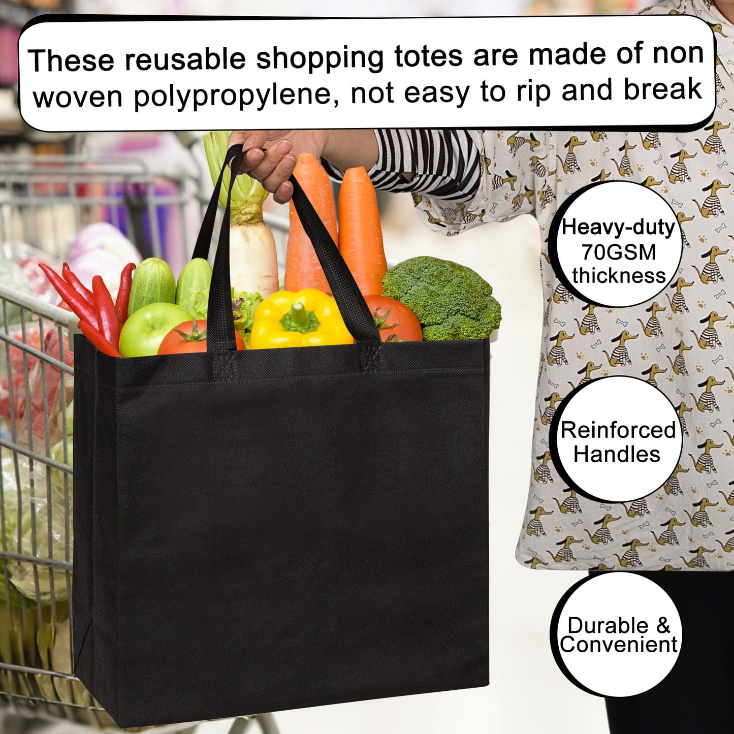 JERIA 100 Pack Black Reusable Totes Bag with Reinforced Handles Non Woven Bulk Shopping Bags