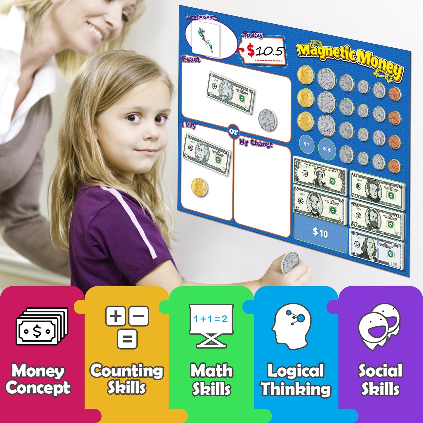 60 PCS Magnetic Money for Kids for Learning, Math Manipulatives, Learning & Education Toys for Classroom, Pretend Play, Math Games for Toddler, Teacher and Homeschool Supplies