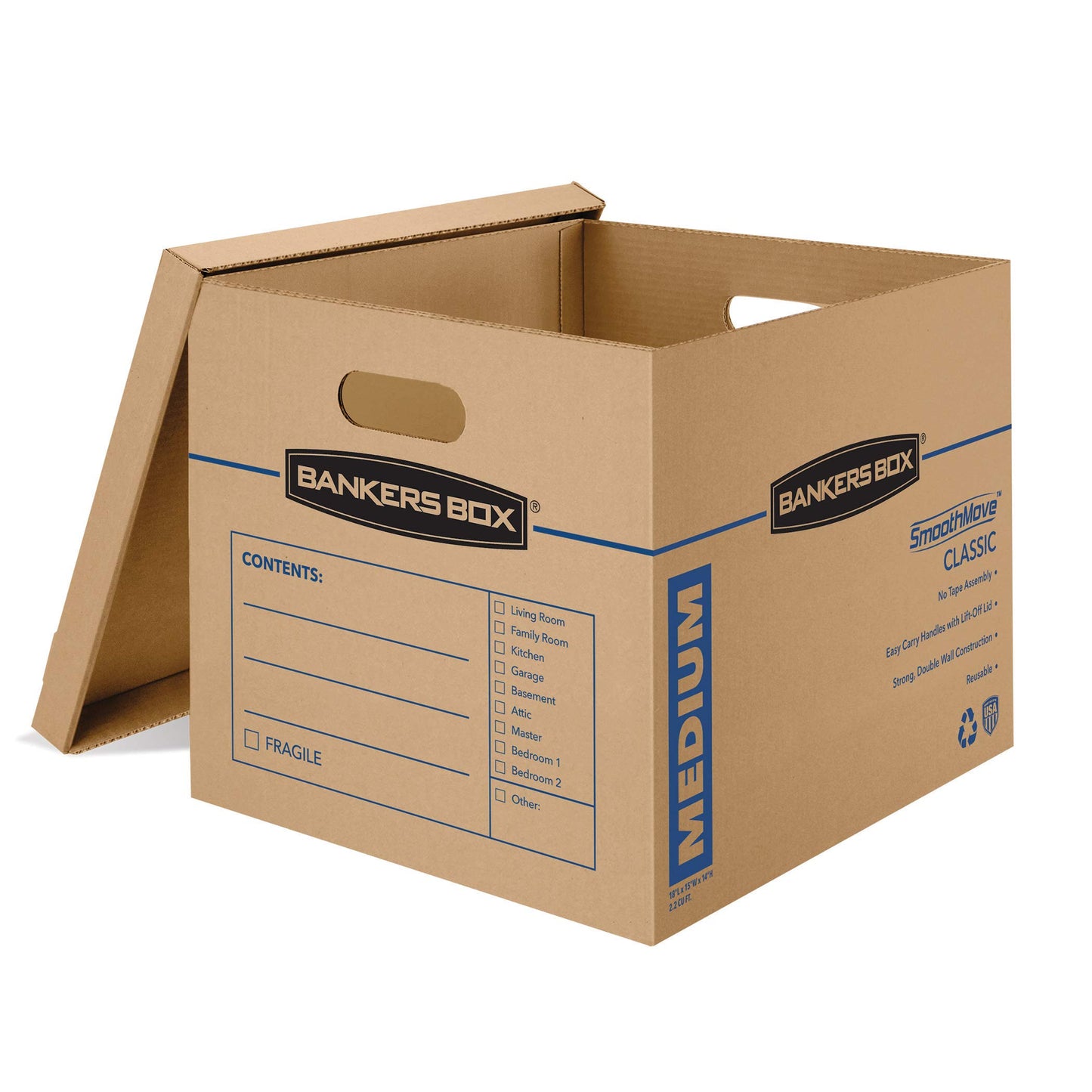 Bankers Box Medium Classic Moving Box 20 Pack, Reinforced Handles, Tape-Free Assembly, Box with Lid, 19" x 14.5" x 15.5", Cardboard
