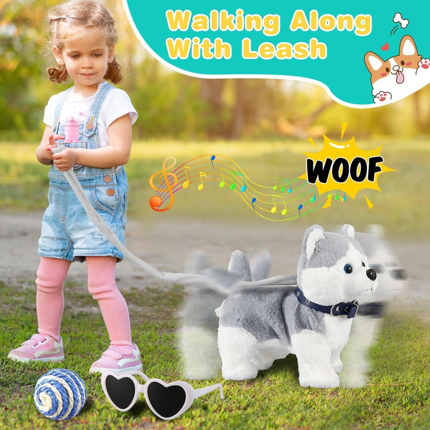 Marsjoy Husky Walking Dog Toy Musical Singing Dancing Plush Interactive Puppy with Leash Robot Plush Stuffed Animal Shaking Toy for Boys Girls