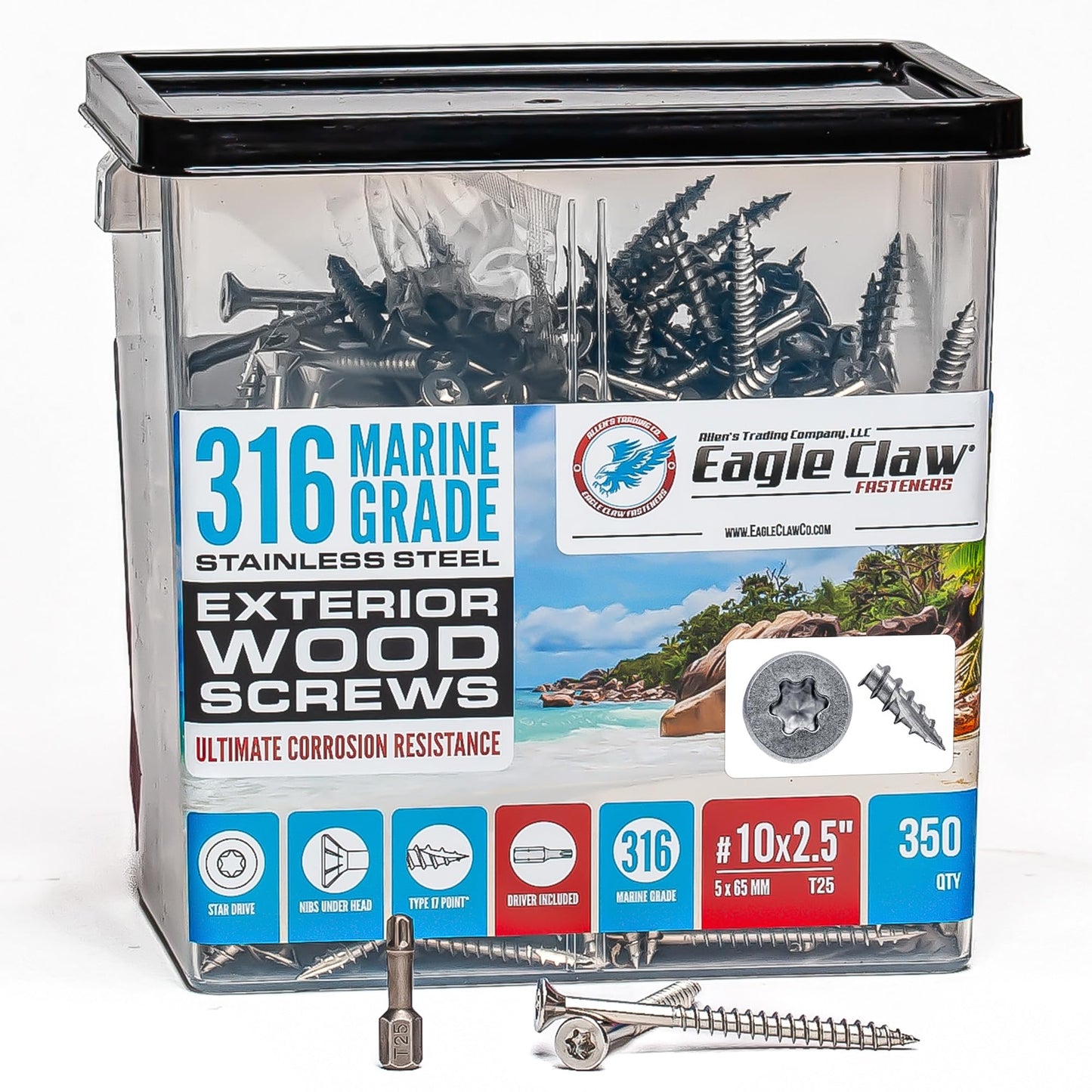 #10 x 2 1/2 Inch 316 Stainless Steel Screws Marine Grade (350 Pack, T25 Star) | Stainless Steel Wood Screws w/Driver Bit by Eagle Claw Fasteners | High Corrosion Resistance for Coastal Construction