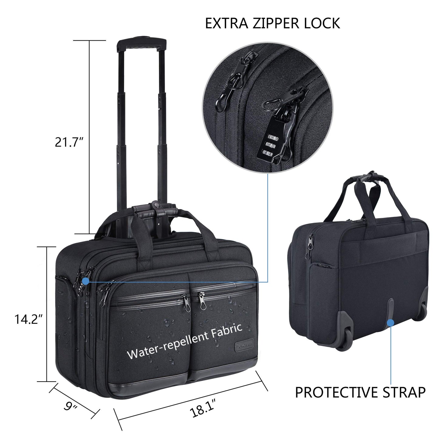 KROSER Rolling Premium Briefcase Fits Up to 17.3 Inch Laptop Water-Repellent Overnight Computer Bag with RFID Pockets for Travel/Business/School/Men/Women-Black