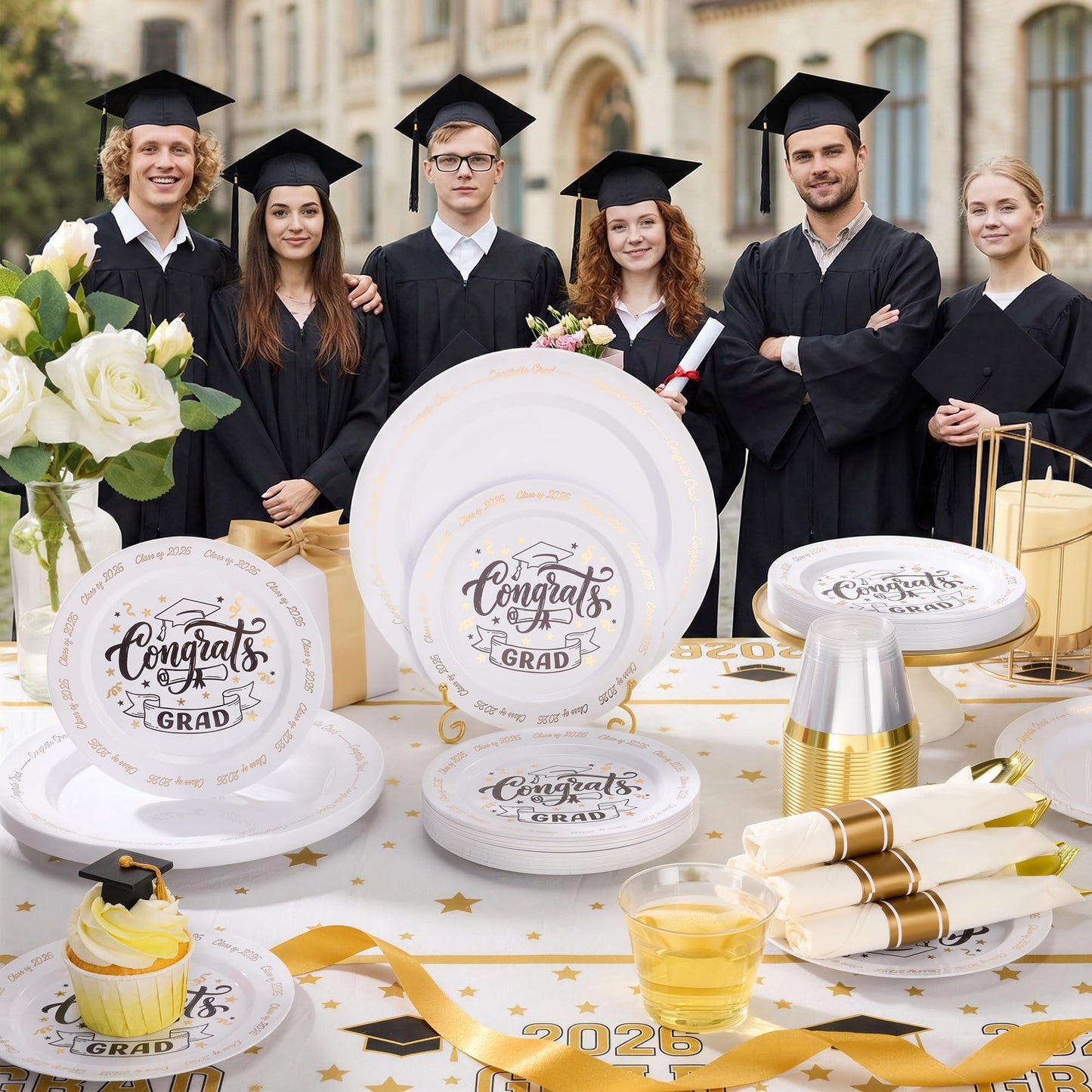Goodluck 350 Piece Graduation Gold Plastic Dinnerware Set for 50 Guests, Congrats Grad Disposable Plates Include: 50 Dinner Plates, 50 Dessert Plates, 50 Cups, 50 Pre Rolled Napkins with Silverware