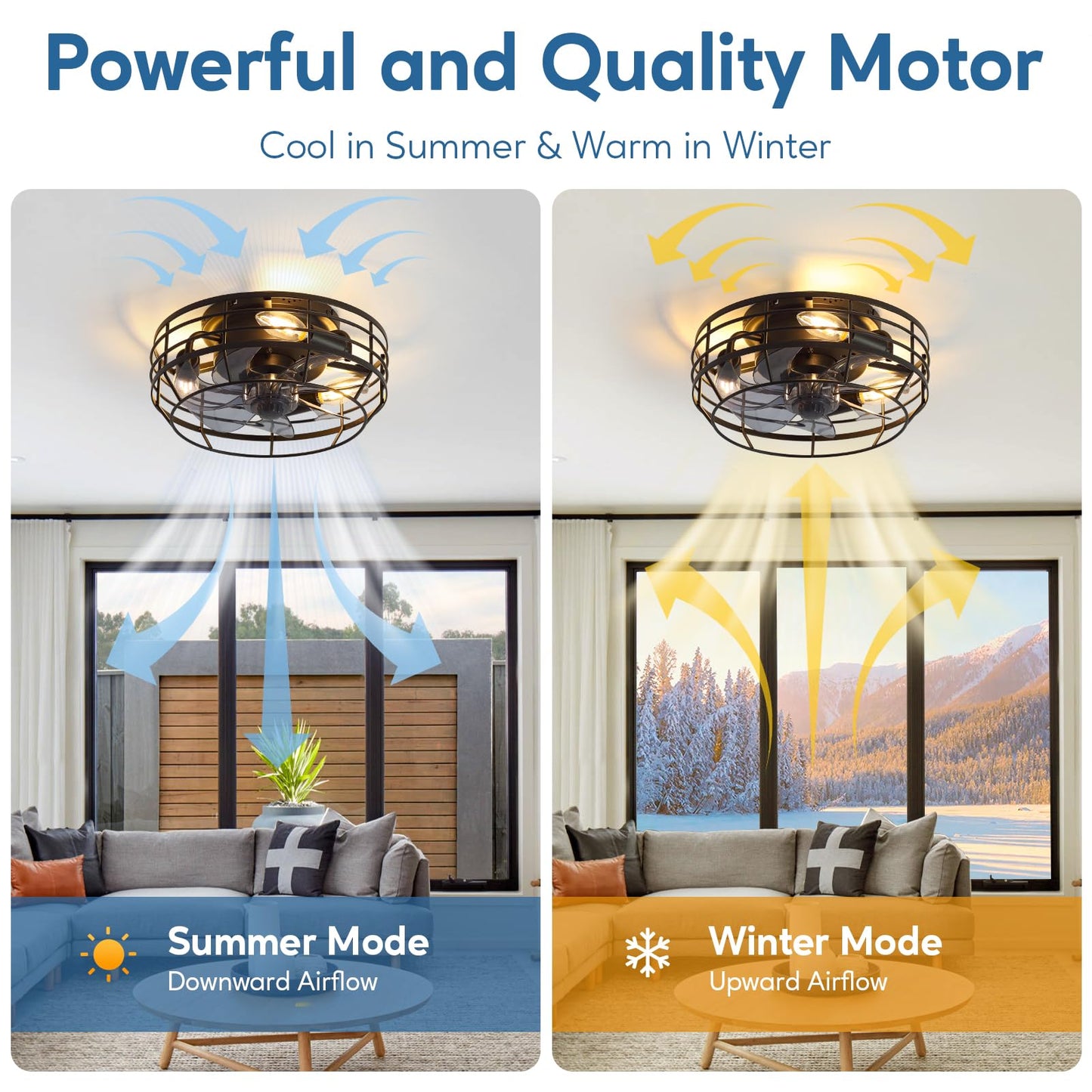 Youroke Farmhouse Caged Ceiling Fan with Light, Bladeless Flush Mount Fan Lights Ceiling Fixtures with Remote, 12 in 6 Speeds Indooor Lights for Kitchen, Living Room, Bedroom, Black