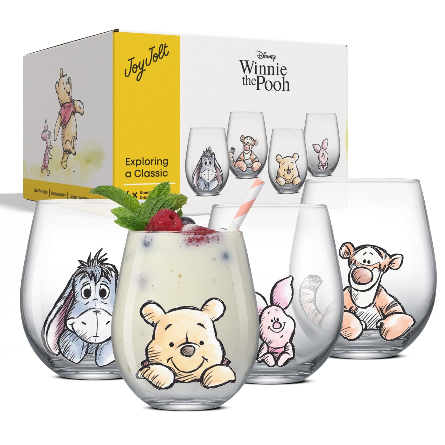 JoyJolt Disney Winnie the Pooh Exploring a Classic Stemless Drinking Glasses, 19oz Glass Cups ft Pooh Bear Tigger Piglet Eeyore, Kitchen Glassware Set of 4, Winnie the Pooh Adult Gifts