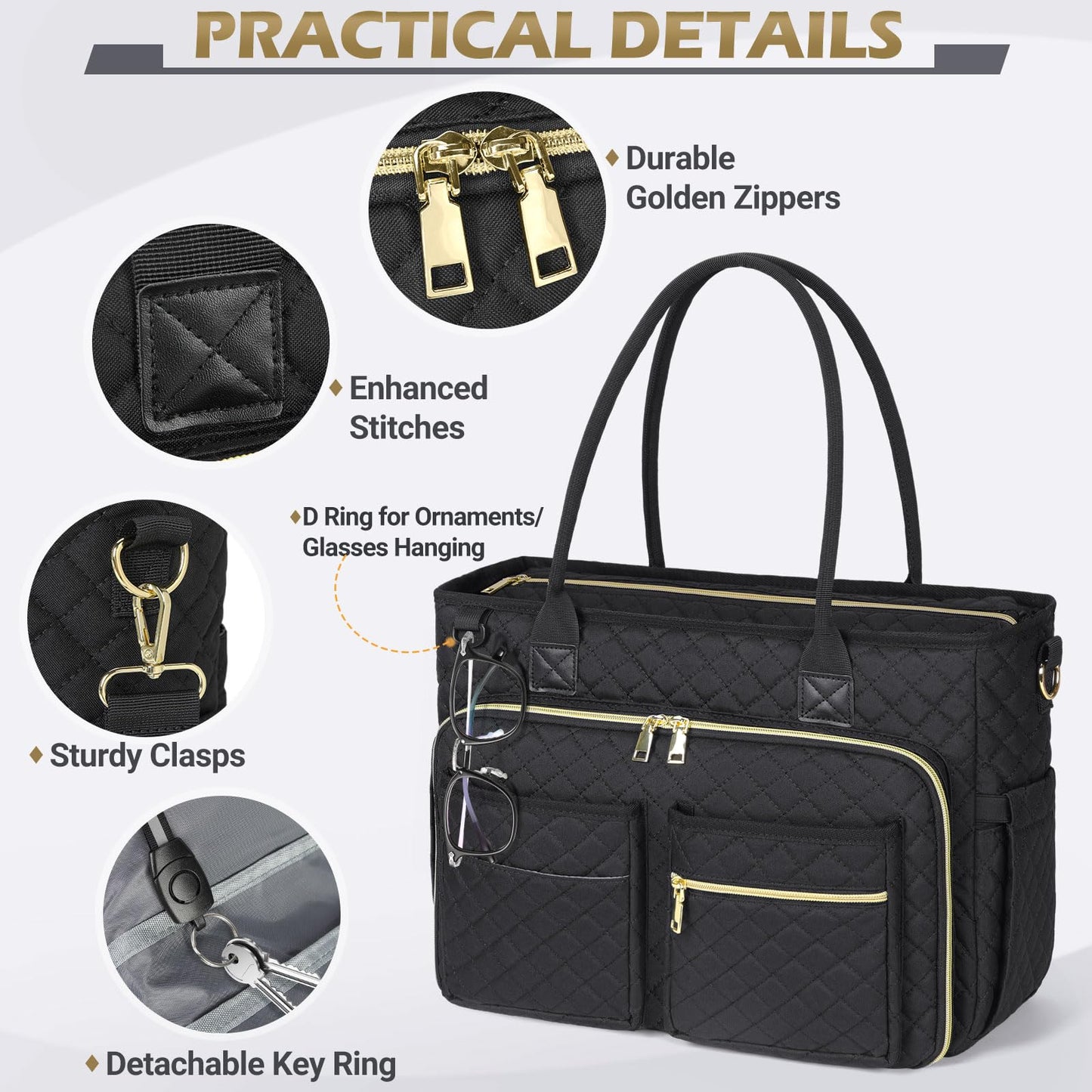 RAINSMORE Teacher Tote Bag 15.6 inch Laptop Bag for Women Work Bag Laptop Tote Nurse Bag Professional Computer Messenger Bag with Insulated Pocket, Laptop Briefcase for Office, College, Nursing, Black