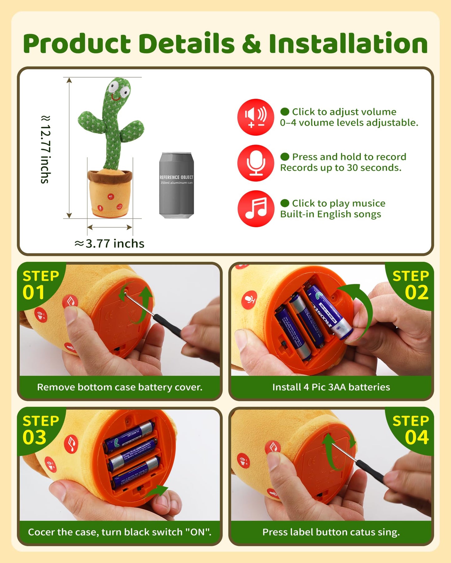 TWORIVER Talking Cactus Toy Dancing Talking Cactus Baby Toy