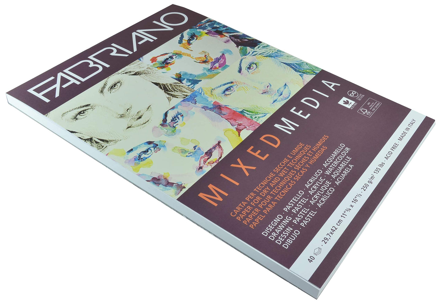 Fabriano Mixed Media Artist Paper Pad, DIN A3, 40 Sheets 250 g/m², Suitable for Wet and Dry Painting Techniques, White