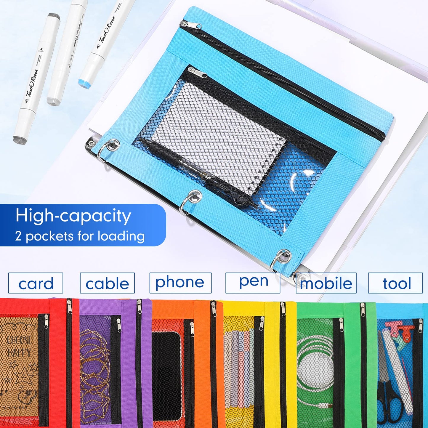 Leelosp 48 Pack Pencil Pouch for 3 Ring Binder Mesh Zipper Pencil Case Bags Binder Pouches Bulk for School Writing Utensils Storage Supplies (Red,Orange,Yellow,Green,Aqua,Purple)