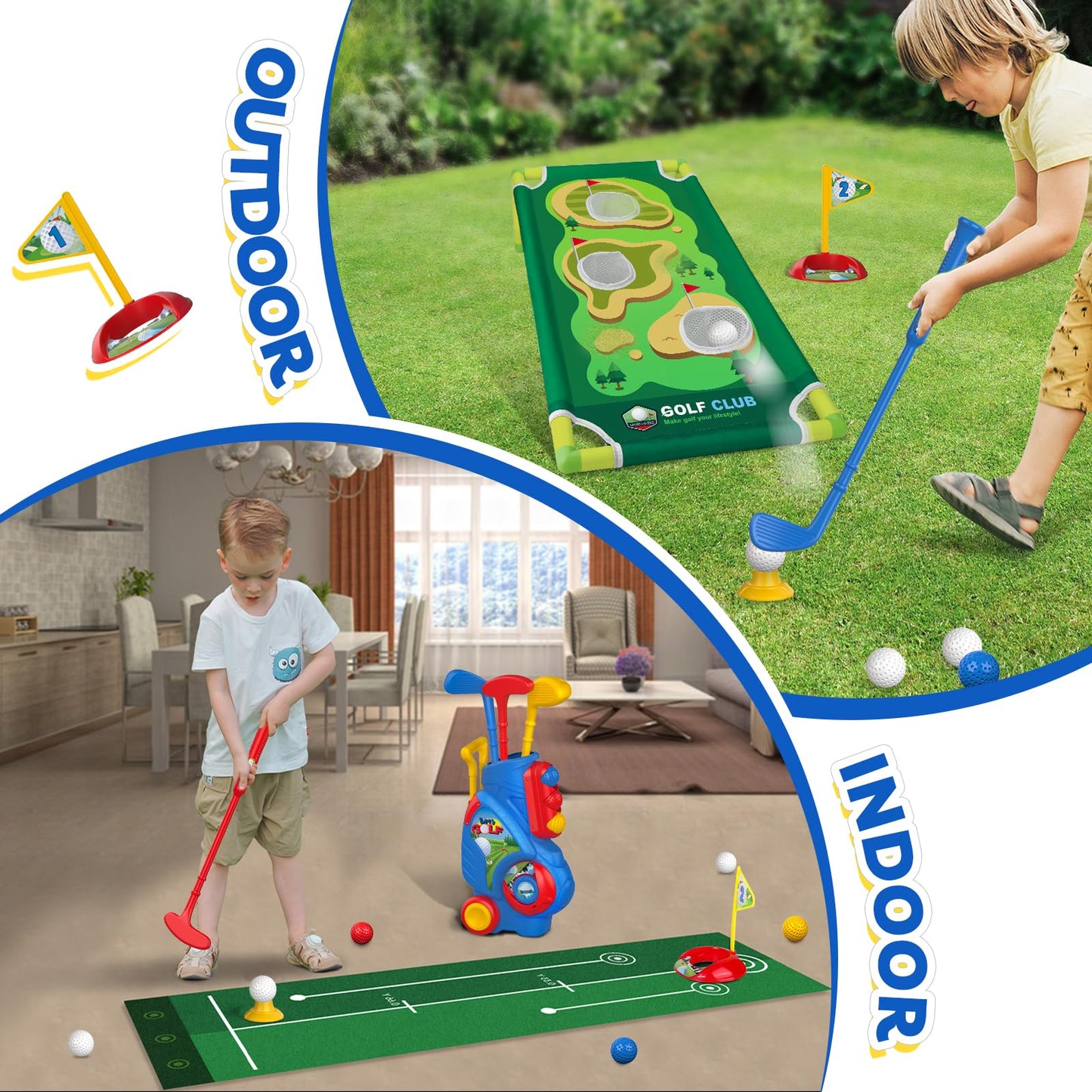 Liberry Toddler Golf Set for 2 3 4 Years Old Boys Girls, Upgraded Kids Golf Cart with Cornhole Board & Putting Mat, Indoor and Outdoor Sports Toys Birthday Gift