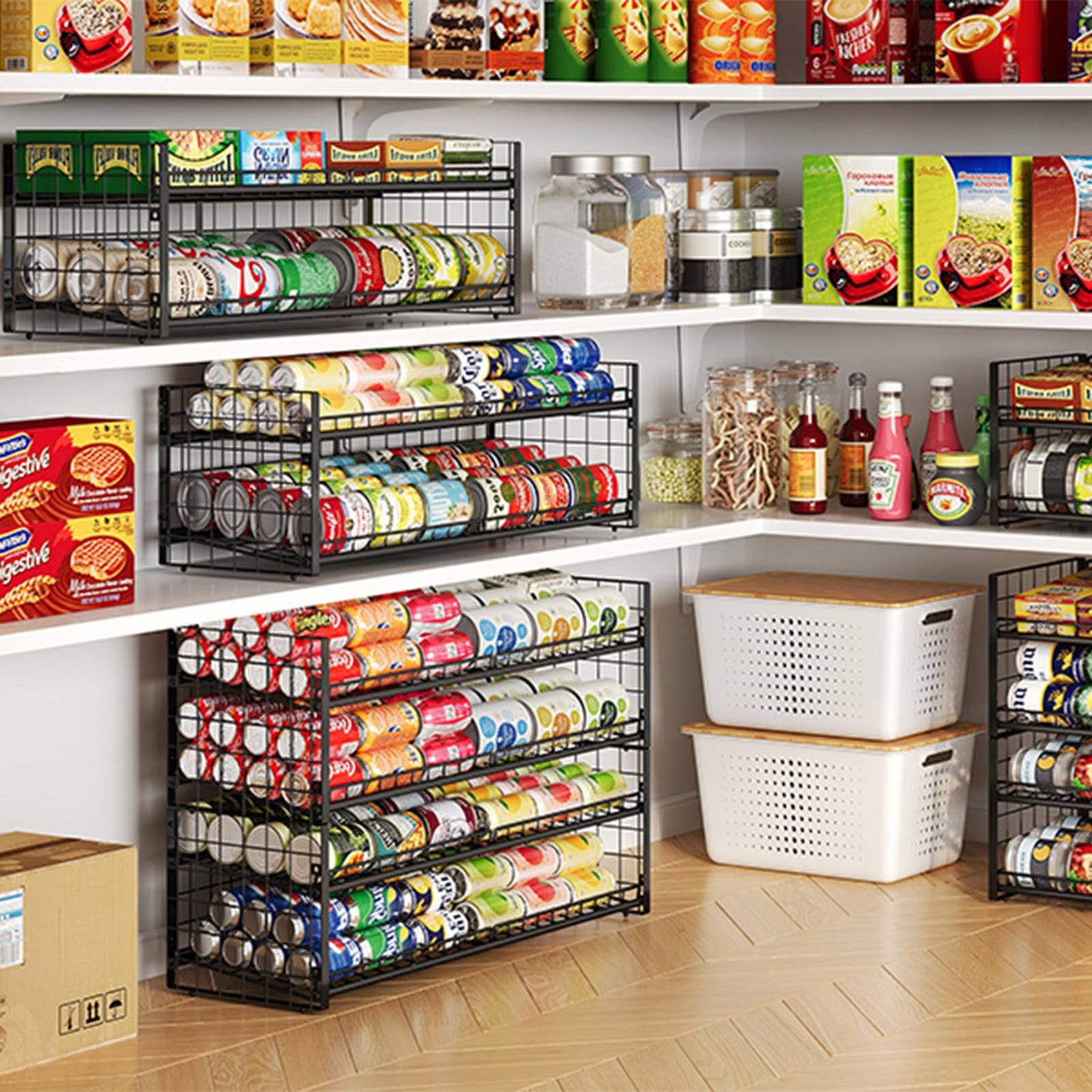 2-Pack Stackable Can Organizer for Pantry Shelf, Adjustable Extra-Long Rolling Can Rack for Kitchen Cupboard Storage, Sturdy Standing Can Holder for Canned Food Goods Soda up to 100, 2 Tier, Black