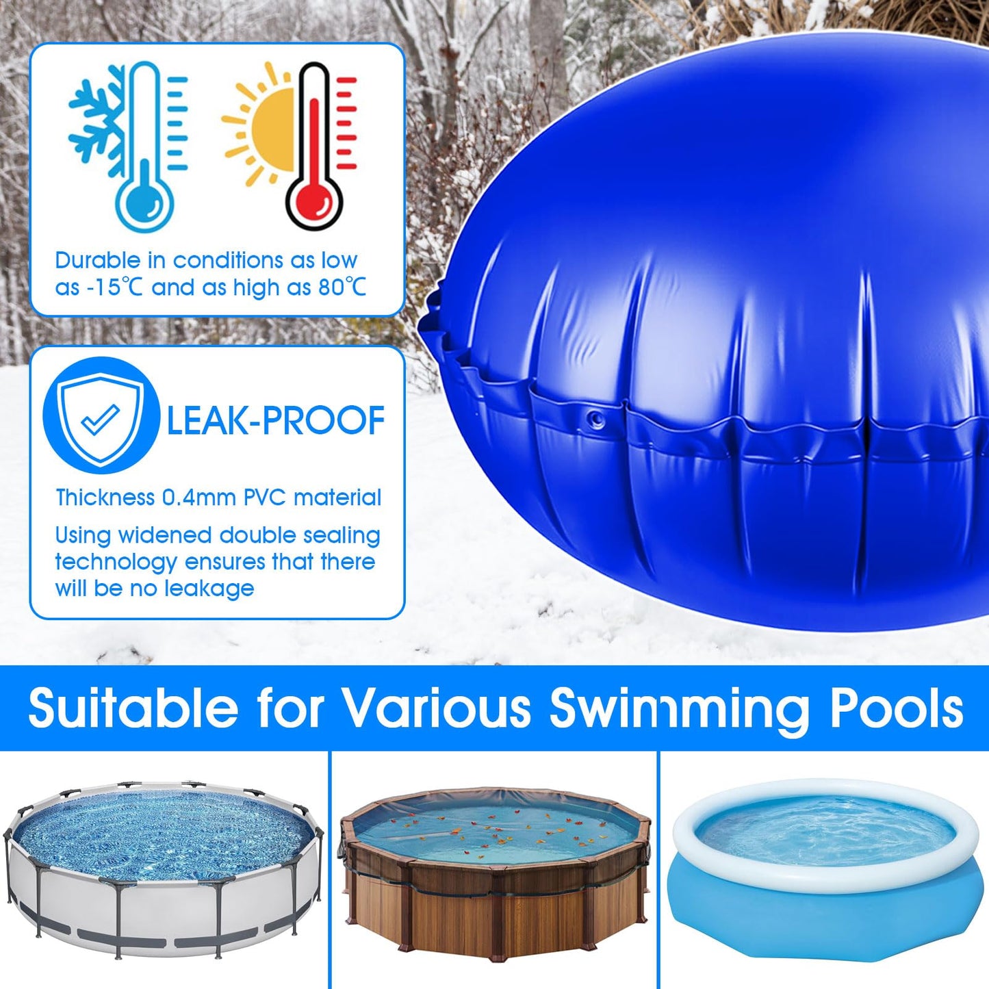 4+1 Combined Pool Pillow,Inflatable PoolPillows for Above Ground Pools with 5Pcs 10m Ropes,Pool Air Pillow for Support Swimming Pool Covers(Dark Blue, 5ft Dia + 4Pcs 3ft Dia)