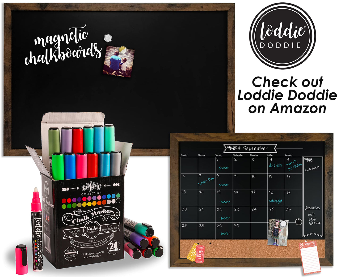 Loddie Doddie Magnetic Chalkboard Sign - 20 x 30 in, Rustic Wood Frame - Wall Mount Magnetic Bulletin Board - Easy Erase Chalk Calendar & Photo Display - Magnet Board for Wall