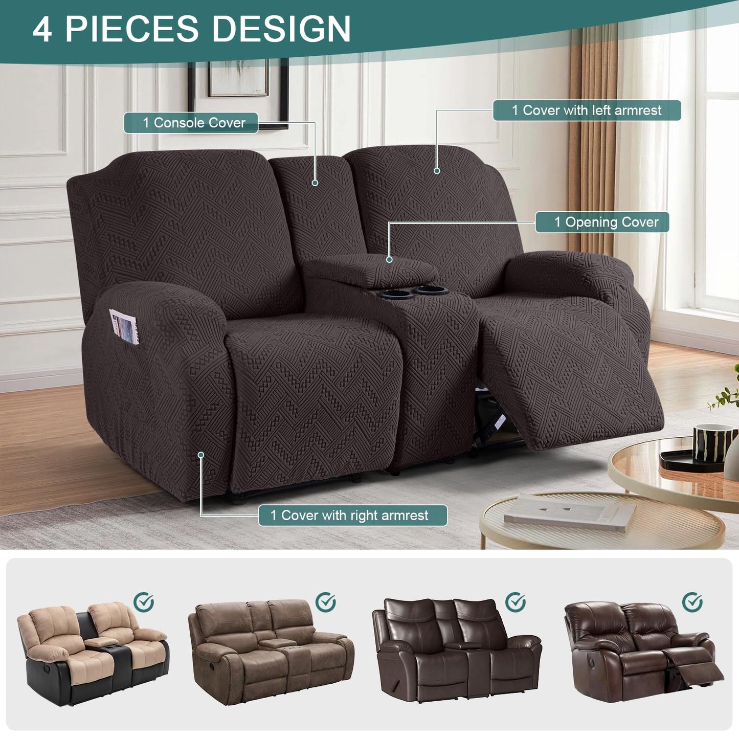 Ruaozz Stretch Loveseat Recliner Covers with Console 4-Pieces Recliner Sofa Covers with Pockets Jacquard Reclining Couch Covers Furniture Protector with Elastic Straps Bottom (2 Seater, Chocolate)