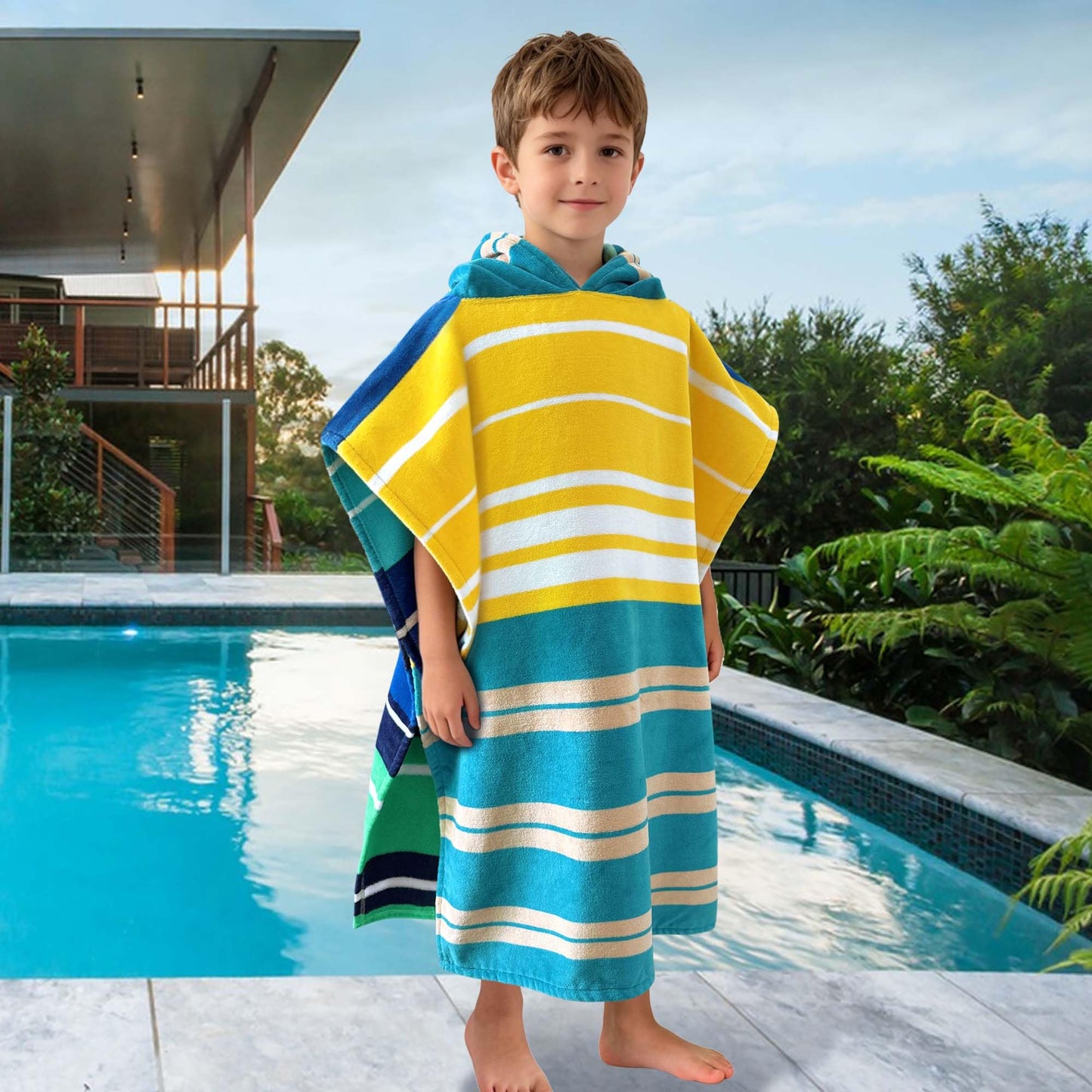 VOOVA & MOVAS Hooded Poncho Towels for Big Kids, Oversized (6-10Years,25"X61") Made from 100% Soft Cotton,Absorbent Bathrobe for Boys,Perfect for Pool| Swimming | Bathing | Beach, Blue Stripe