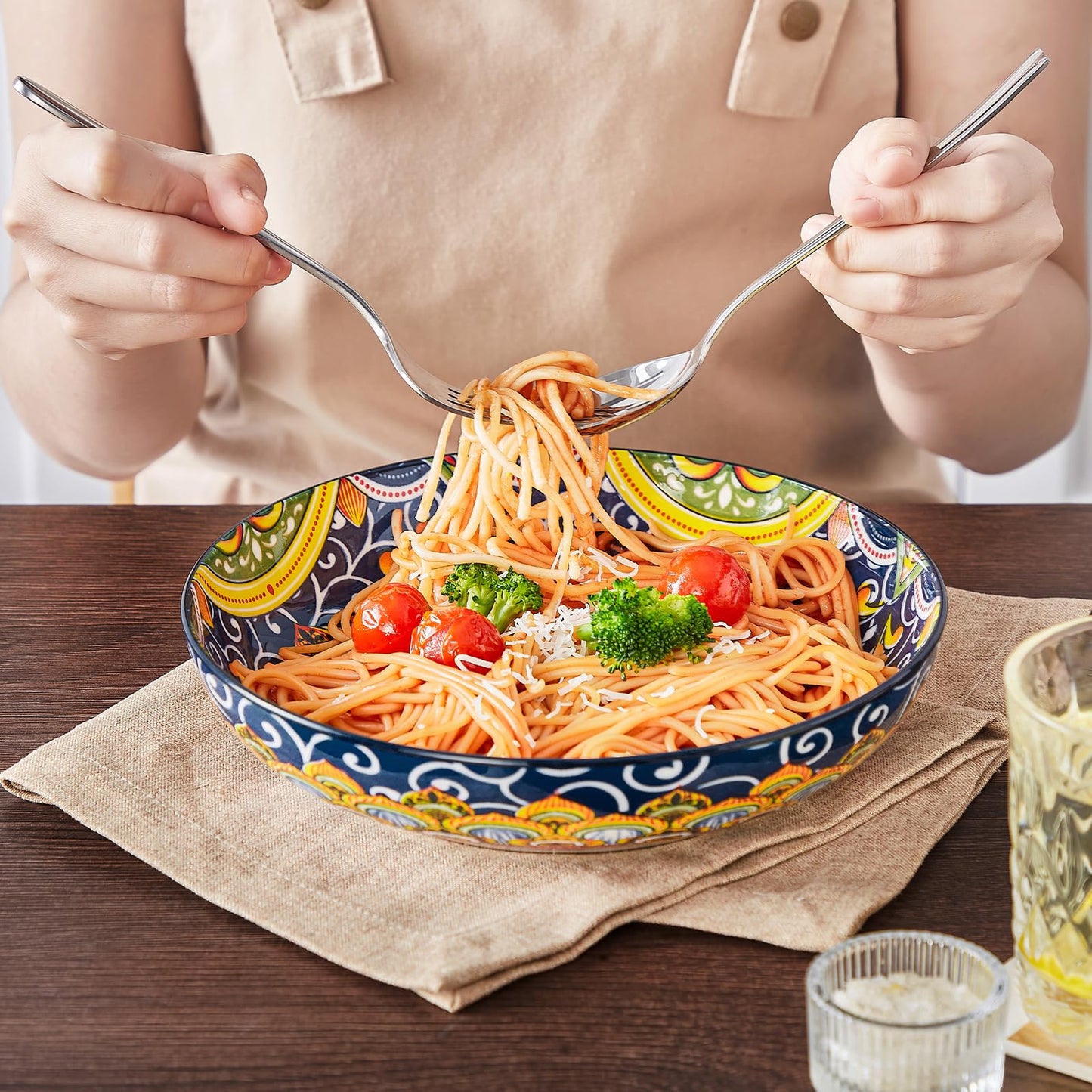 vancasso Pasta Bowls, 42 oz Ceramic Salad Bowls of 4,Large Corlorful Serving Bowls for Kitchen, Dishwasher & Microwave Safe Soup Bowls, Pasta Plates