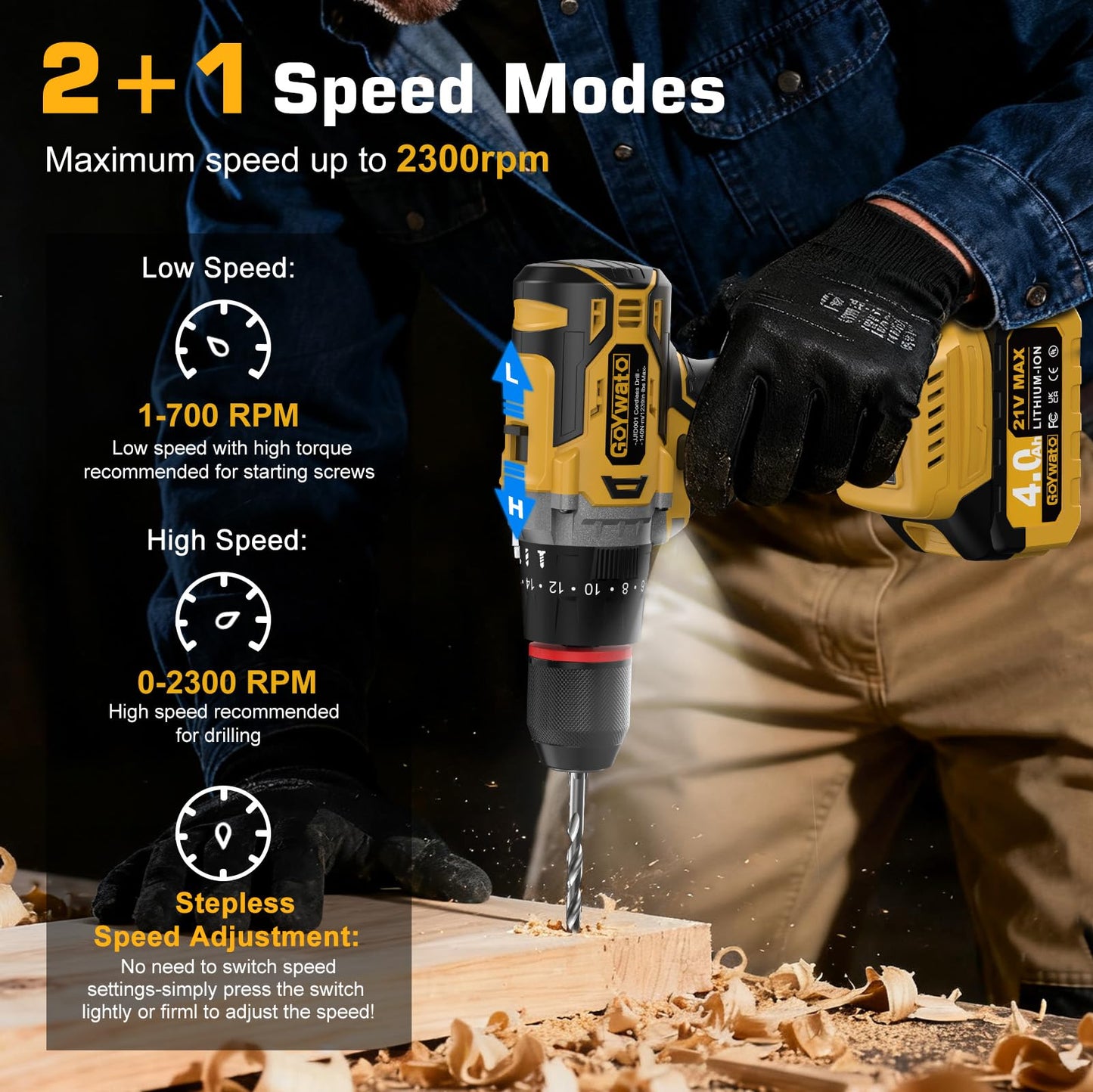 GoYwato 1239In·lbs Cordless Hammer Drill - 140N·m 21V Brushless Electric Power Impact Drill Set w/ 2 x 4.0Ah Battery & 1/2Inch Self-Locking Metal Chuck & 36Pcs Accessory for Drilling Wood Bricks Metal