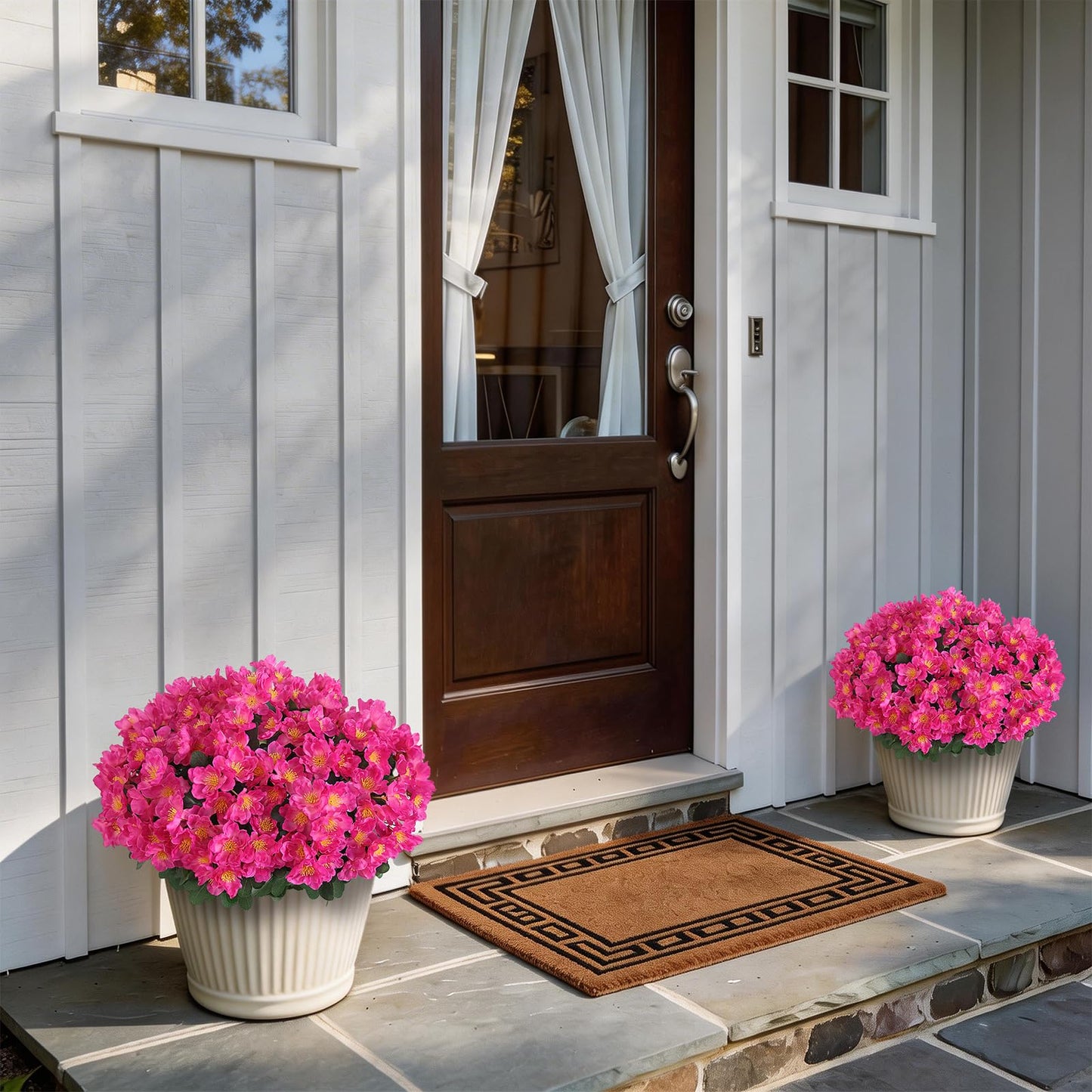 Juxdp 2 Sets of Artificial Camellia Topiary Ball Trees - Fake Flower Potted Plants, UV Resistant Faux Camellia Potted Bushes for Front Door, Farmhouse, Porch, Garden, Outdoor Decoration (Rose Red)
