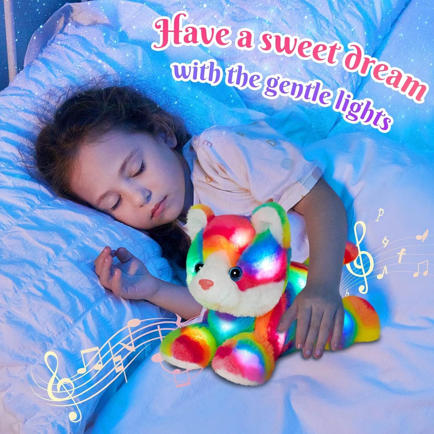 Glow Guards 13'' Light Up Rainbow Cat Plush Toy with LED Night Light & Lullaby for Kids, Soft Stuffed Animal Christmas & Birthday Gift (Cat_led)