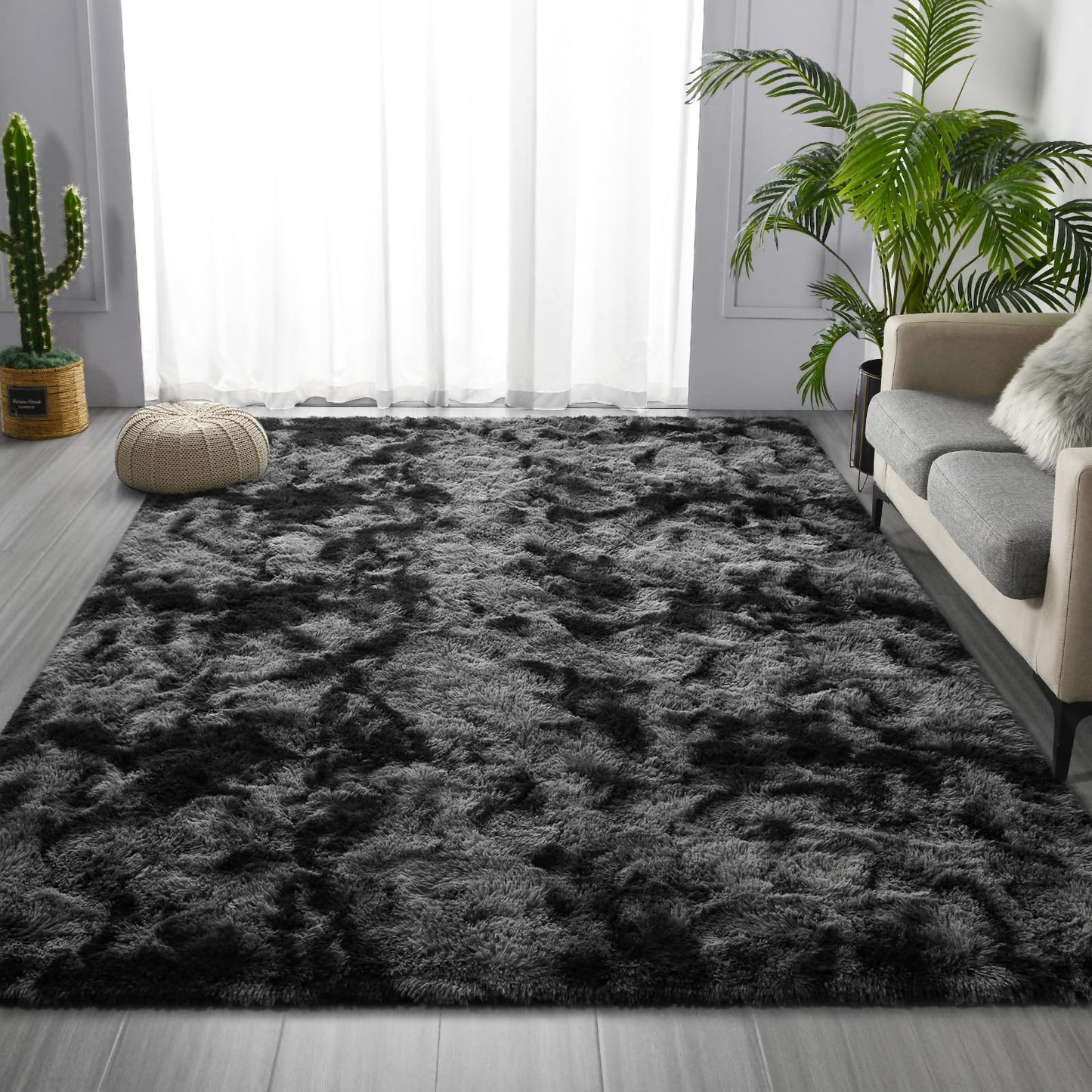Deerhoo Large Shag Area Rugs 5 x 8, Tie-Dyed Plush Fuzzy Rugs for Living Room, Ultra Soft Fluffy Furry Rug for Bedroom, Indoor Carpet Nursery Rugs for Kids Room Home Decor, Dark Grey