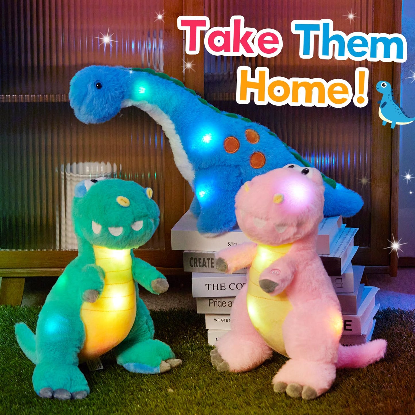 Houwsbaby Light up Dinosaur Diplodocus Stuffed Animal Floppy LED Plush Toy Night Lights Glow Pillow Long Neck Birthday Gifts for Kids Toddler Girls and Boys, Blue, 10.5’’