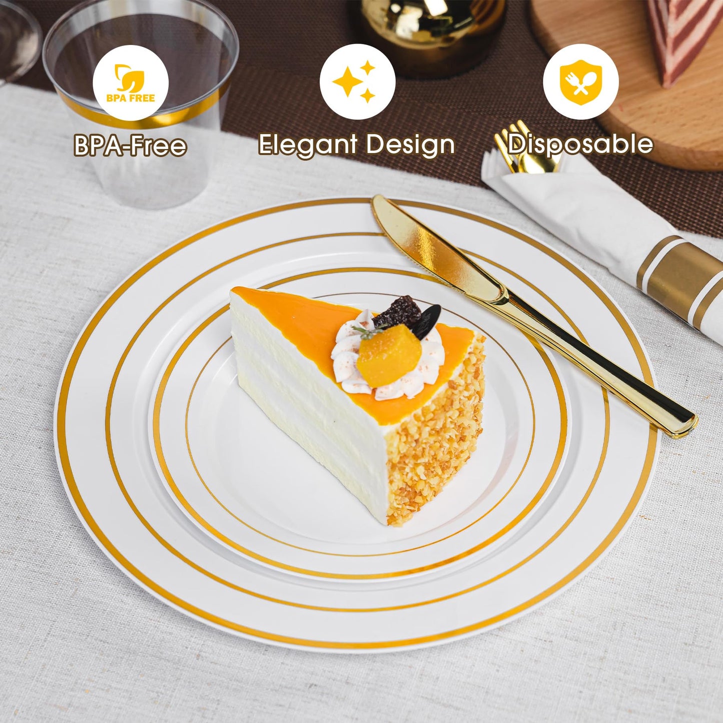Ciselure 350PCS Gold Plastic Plates Dinnerware Set, Thanksgiving Disposable Plates, 50 Dinner and 50 Dessert Plates, 50 Pre Rolled Napkins with Silverware and 50 Cups for Party and Wedding