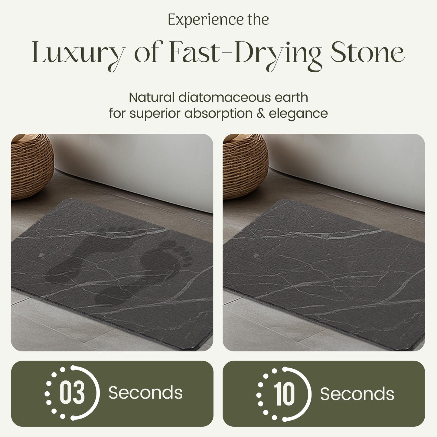 Solvio Quick Dry Shower Stone Bath Mat, Super Absorbent & Non-Slip 24 x 16 Inch Diatomaceous Earth Mat, Durable & Easy to Clean Diatomite Bath Mat for Bathroom Floor/Kitchen (Charcoal)