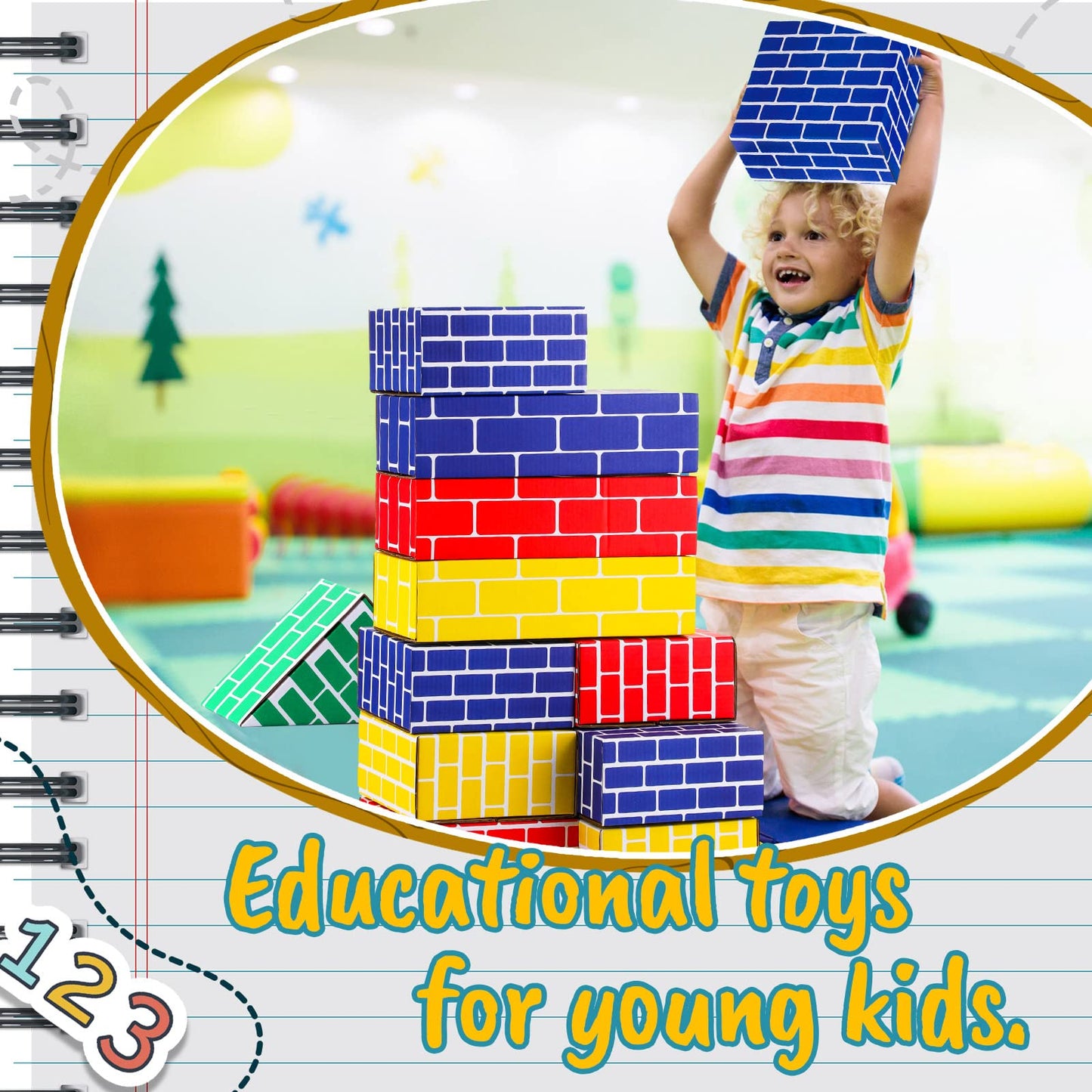 Junkin 48 Pcs Cardboard Building Blocks Extra Thick Jumbo Cardboard Blocks Pretend Blocks Rectangle Square Triangle Stacking Blocks for Kid Educational Learning Play Toys, Blue Yellow Red Green
