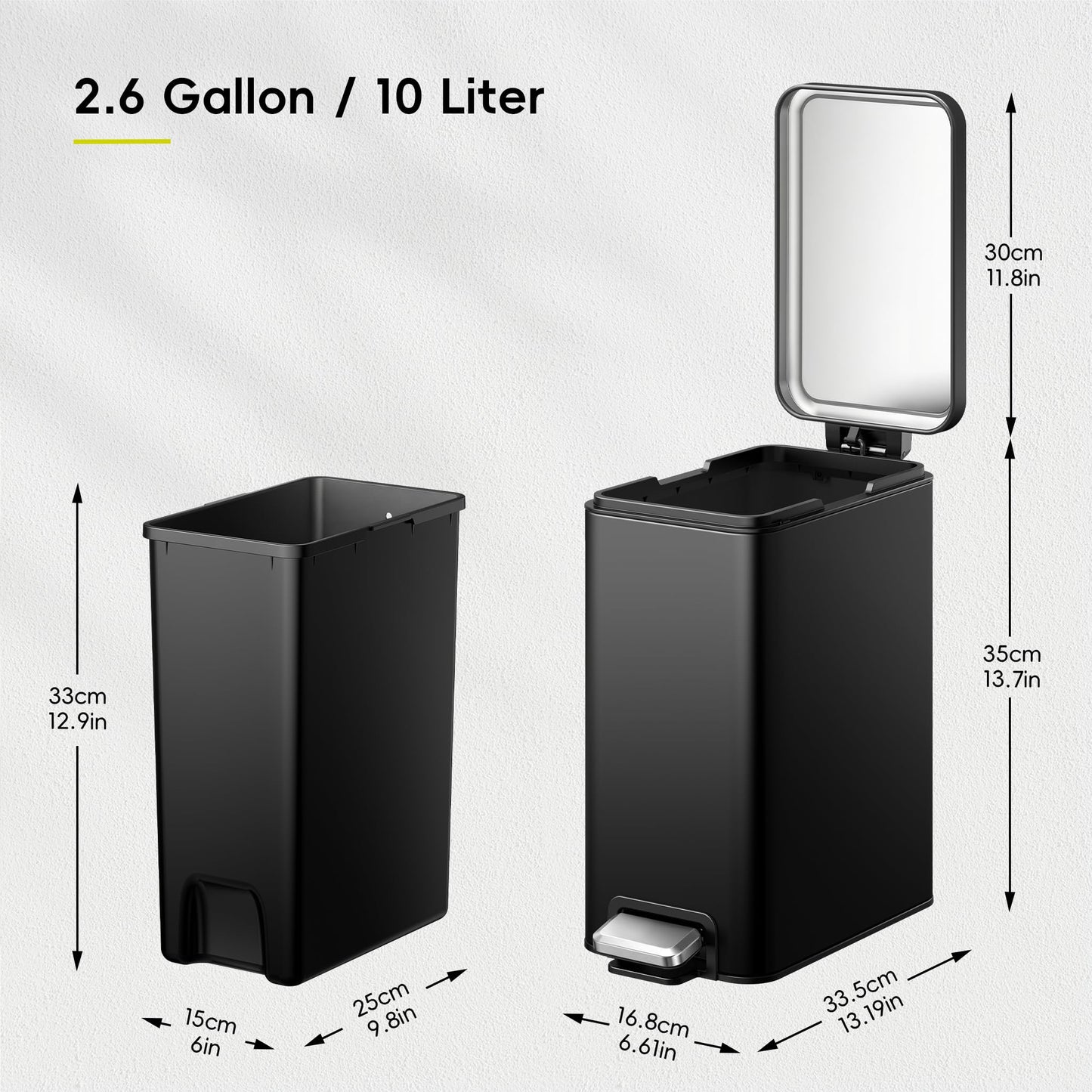 EKO Small Bathroom Trash Can with Lid Soft Close, Step Pedal, 10 Liter / 2.6 Gallon Stainless Steel Garbage Can with Removable Inner Bucket, Anti-Fingerprint Finish (Matte Black)