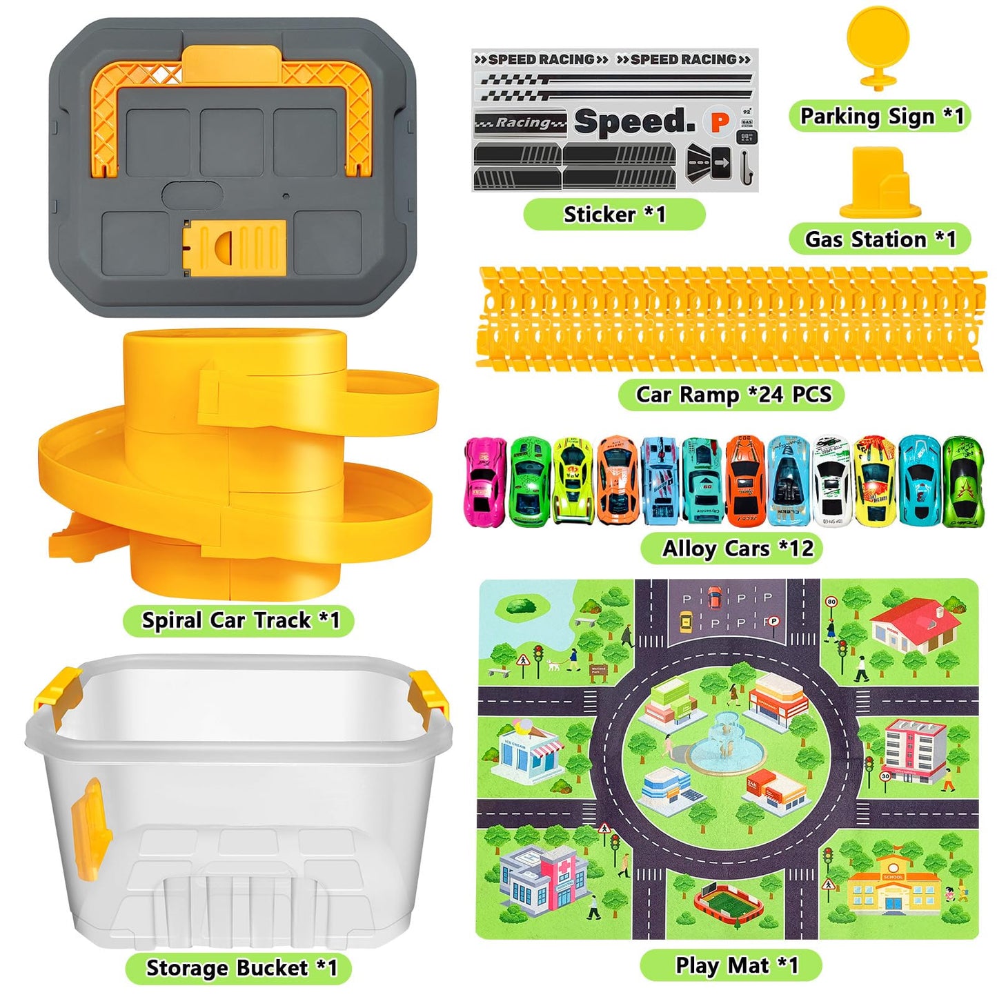 Toy Car Track Storage Playset - Toddler Toys for Ages 2-4, Toy Car Set with 12 Diecast Cars, PlayMat, Race Tracks, Car Ramp, Kids Birthyday Gift for 1 2 3 4 5 Year Old Boys