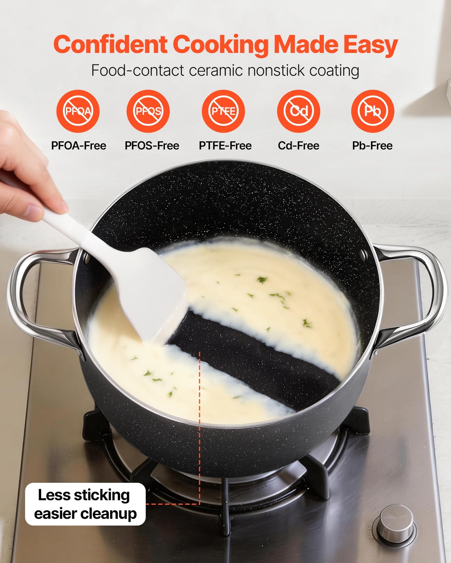 VEVOR Aluminum Stock Pot, 8-Quart Nonstick Ceramic Coated Pot with Glass Lid, PFOA-Free, PFAS-Free, Compatible with Gas Stoves, Induction Cooktops, Electric Stoves, for Soups, Stews, and Pasta