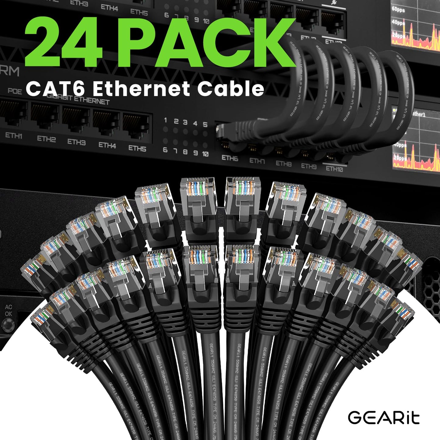 GEARit Cat 6 Ethernet Cable Pack - 24-Pack 6 ft Cat6 Ethernet Patch Cables | RJ45 Network Patch Cable, 10 Gbps Snagless Gold-Plated Connectors - Ethernet Cable Cat 6 for PC, TV, Router - Black