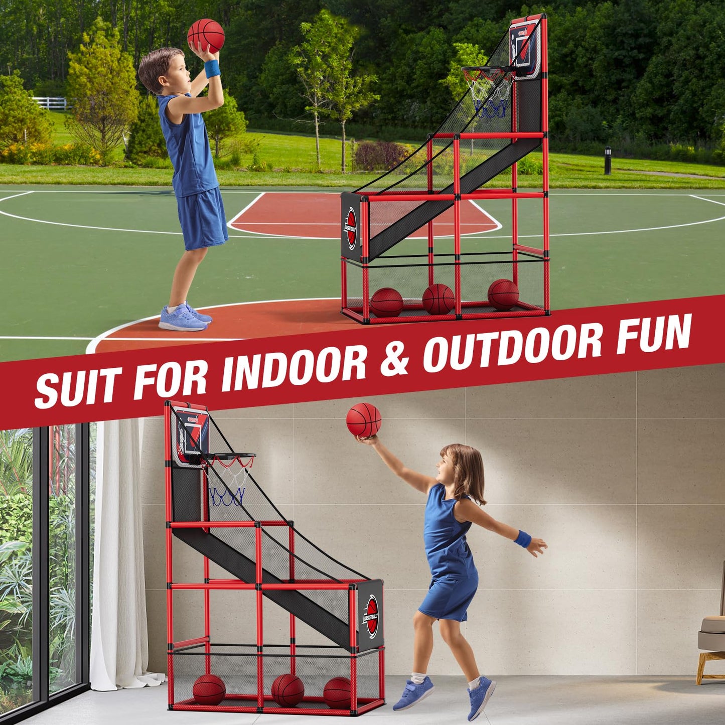 HYES Basketball Arcade Game Indoor Outdoor, Kids Basketball Hoop with 4 Balls & Pump, Single Shot Basketball Game at Home, Carnival Games Sport Toys Gifts for Boys Girls Teens Ages 3-12 Years Old