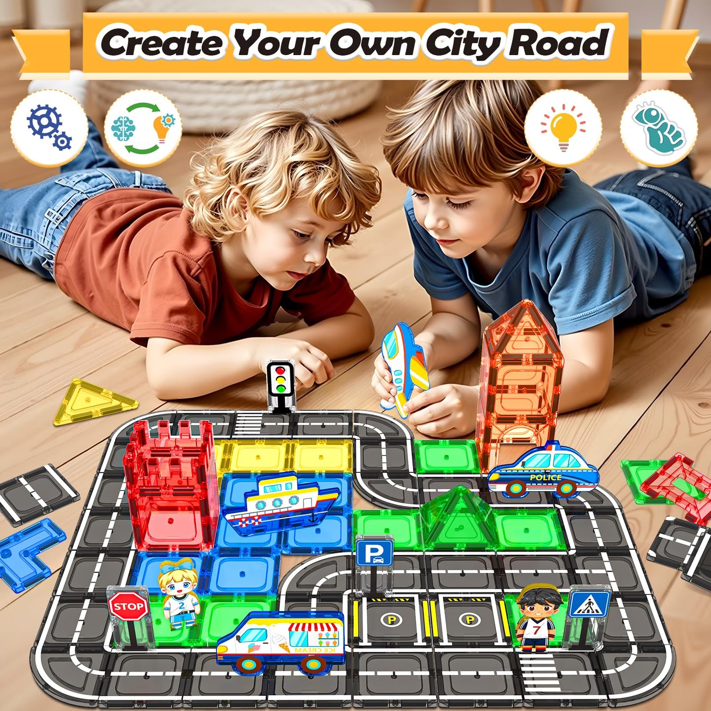 IGIVI 104 PCS Magnetic Tiles Road Set, STEM Magnet Building Blocks for Kids Toddler Toys Games, Christmas Birthday Gifts for 3+ Year Old Boys Girls, Car Enthusiasts and Classroom Must Haves