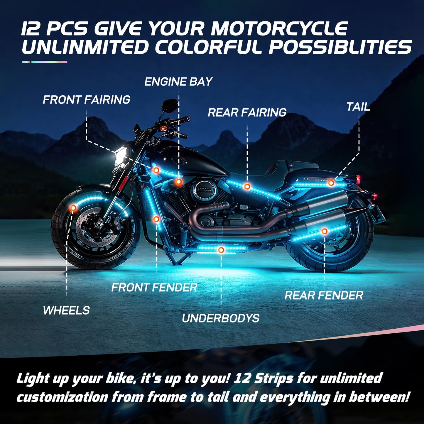 Nilight - TL-35 12PCS Motorcycle RGB Led Light Kit Waterproof Multi-Color Atmosphere Lights Lamp with Dual RF Wireless Remote Controllers for Harley Davidson Honda Kawasaki Suzuki, 2 Years Warranty