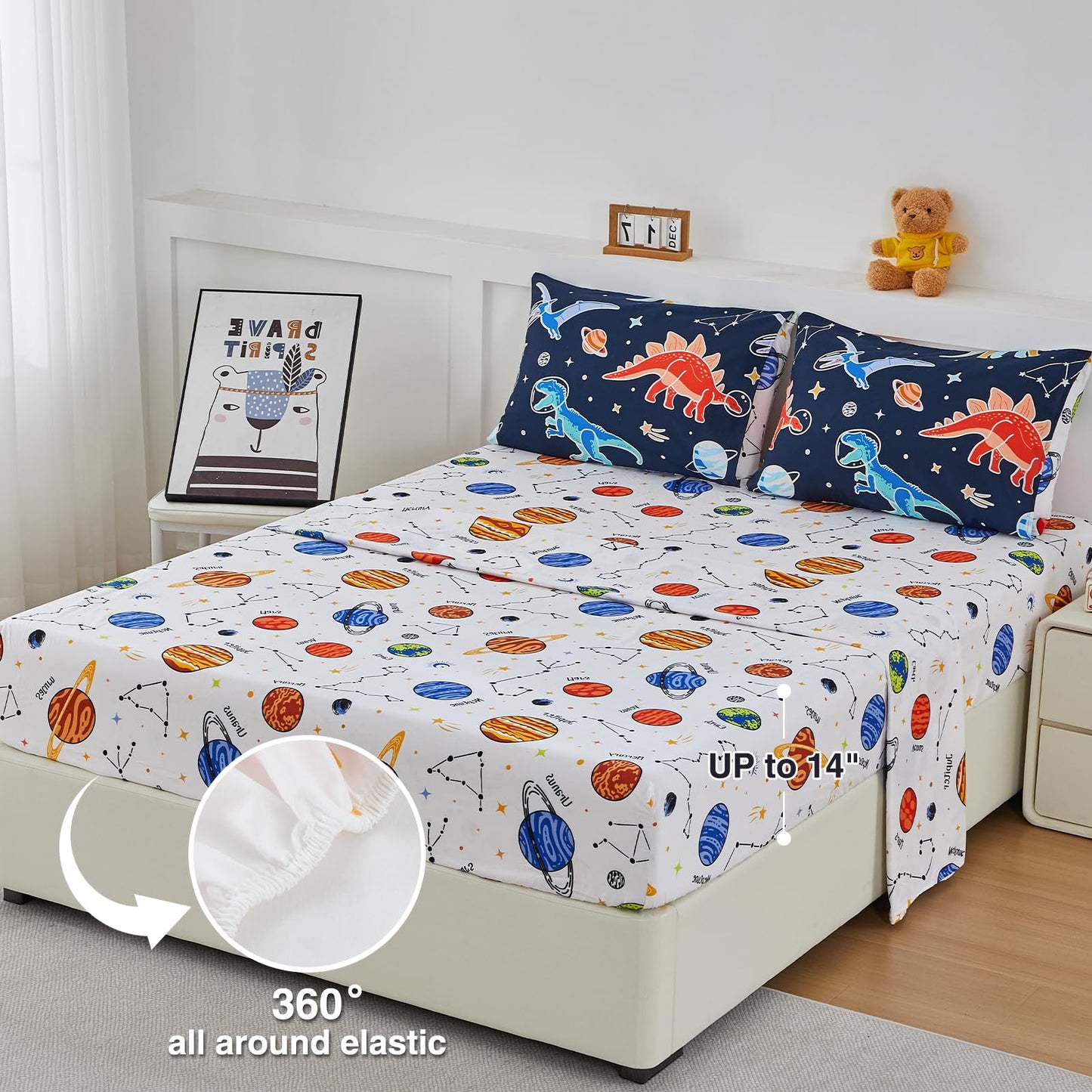 A Nice Night 5pc Glow in The Dark Kids Comforter Set,Dinosaur Galaxy Printed, Space Bedding Set Full Size for Boys Girls Teen