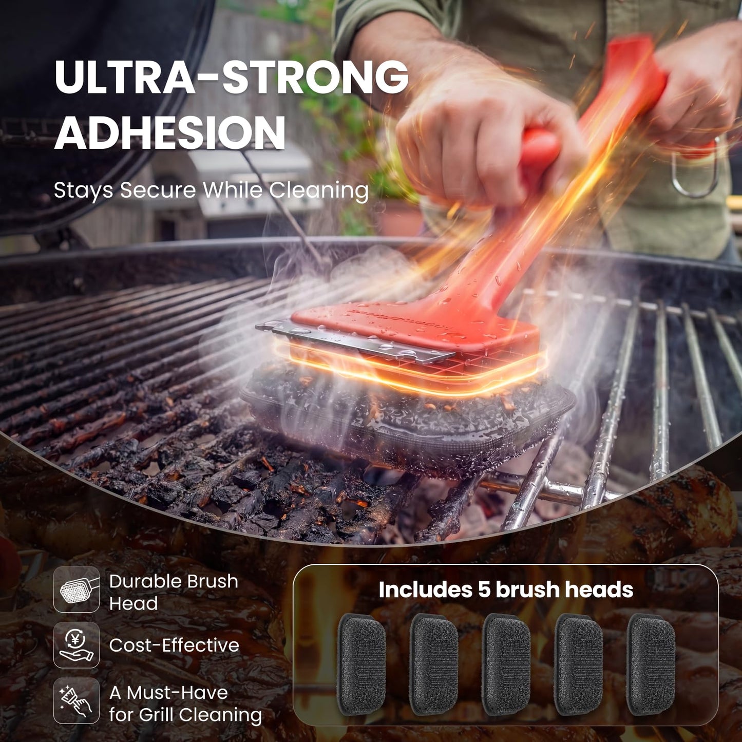 ThermoMaven BBQ Grill Brush Bristle Free - 17" Safe Steam Grill Cleaner Brush with Scraper and 5 Brush Heads for Porcelain/Gas/Charcoal Grill Outdoor Grill Barbecue Cleaner
