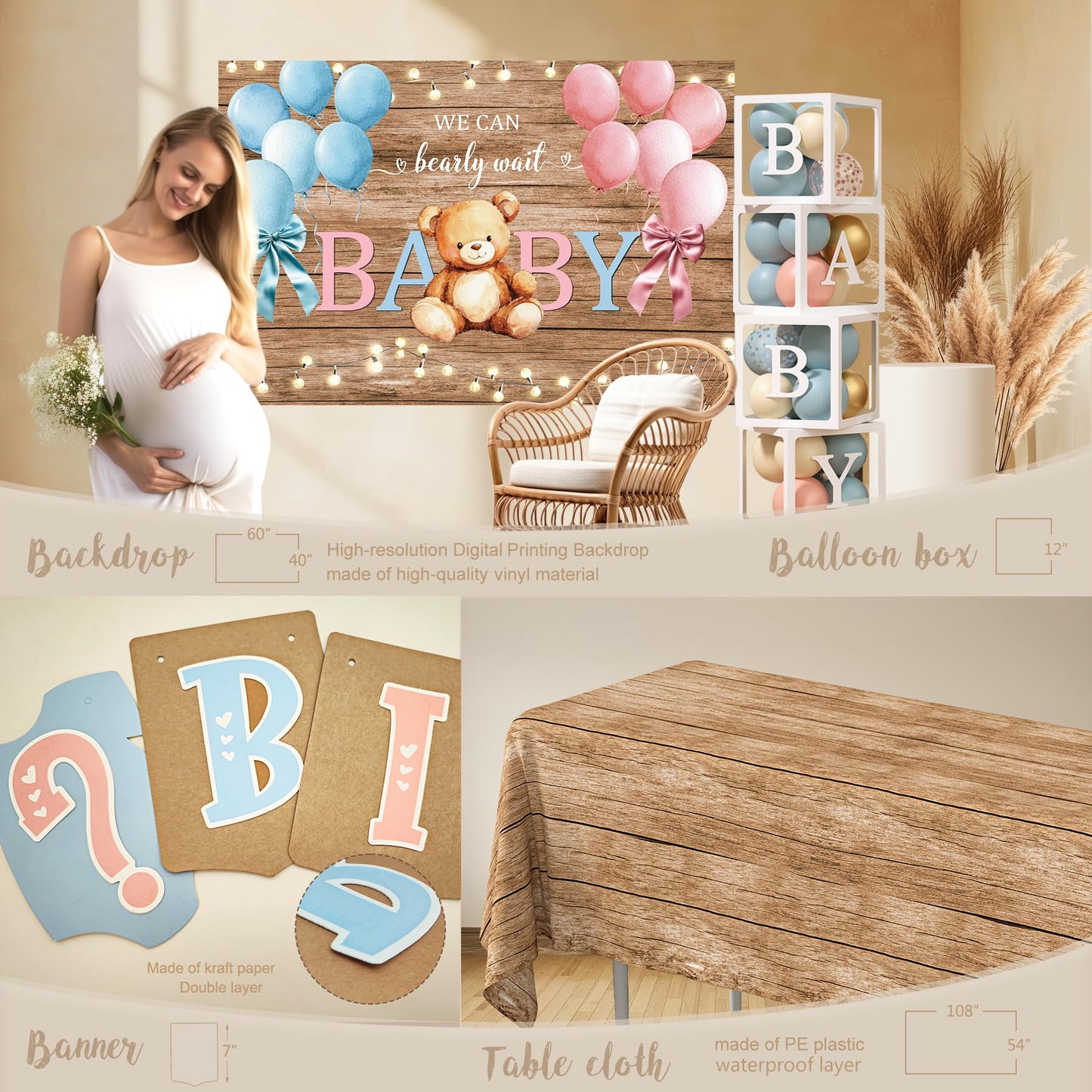 Bear Gender Reveal Decorations, He or She Gender Reveal Party Decoration, Boy or Girl Bear Theme Party Supplies with Backdrop BABY-Box Tablecloth Mom to Be Sash Dad to Be Pin Balloon Arch