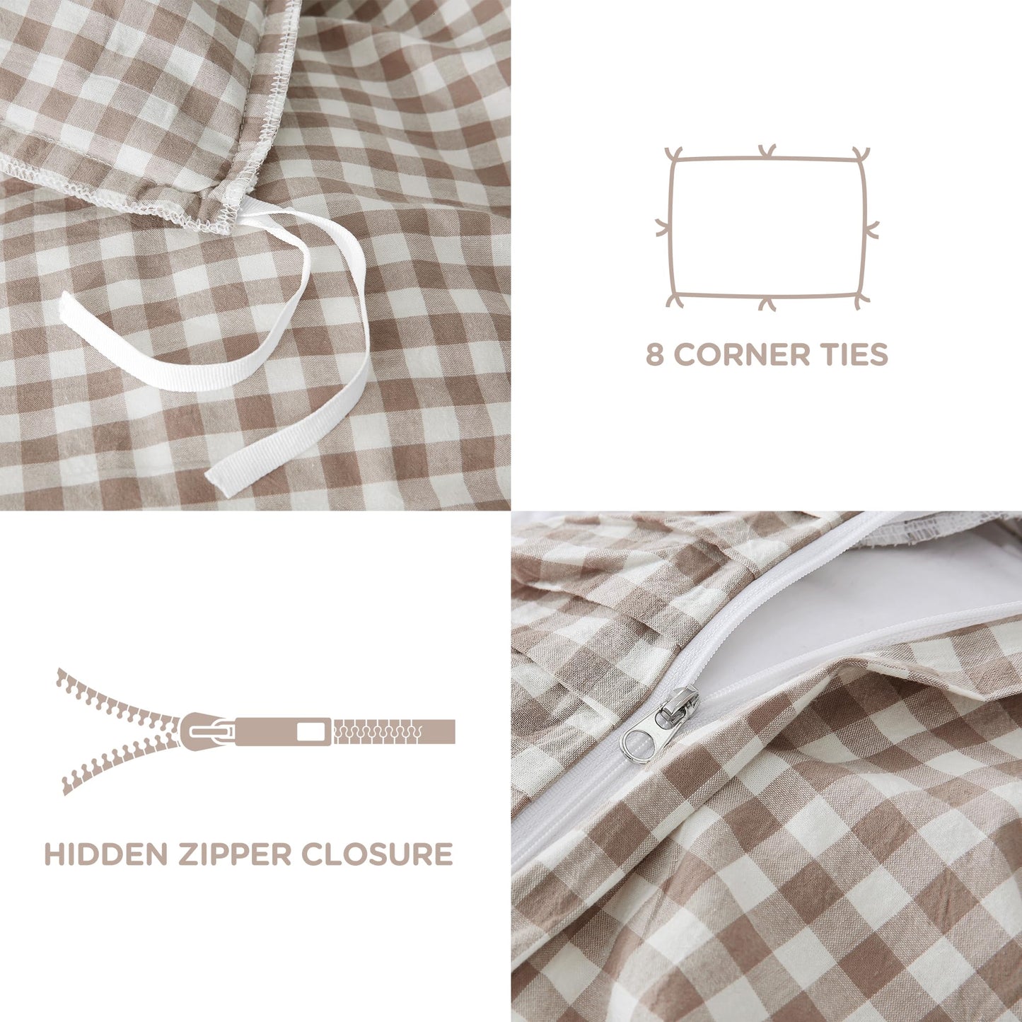 ATsense Tan Gingham Duvet Cover Bedding Set 100% Washed Cotton Like Linen Feel Soft Breathable 3 Pcs Brown Plaid Checkered Cute Ruffle Comforter Cover Set (Queen 90"x90", No Comforter)