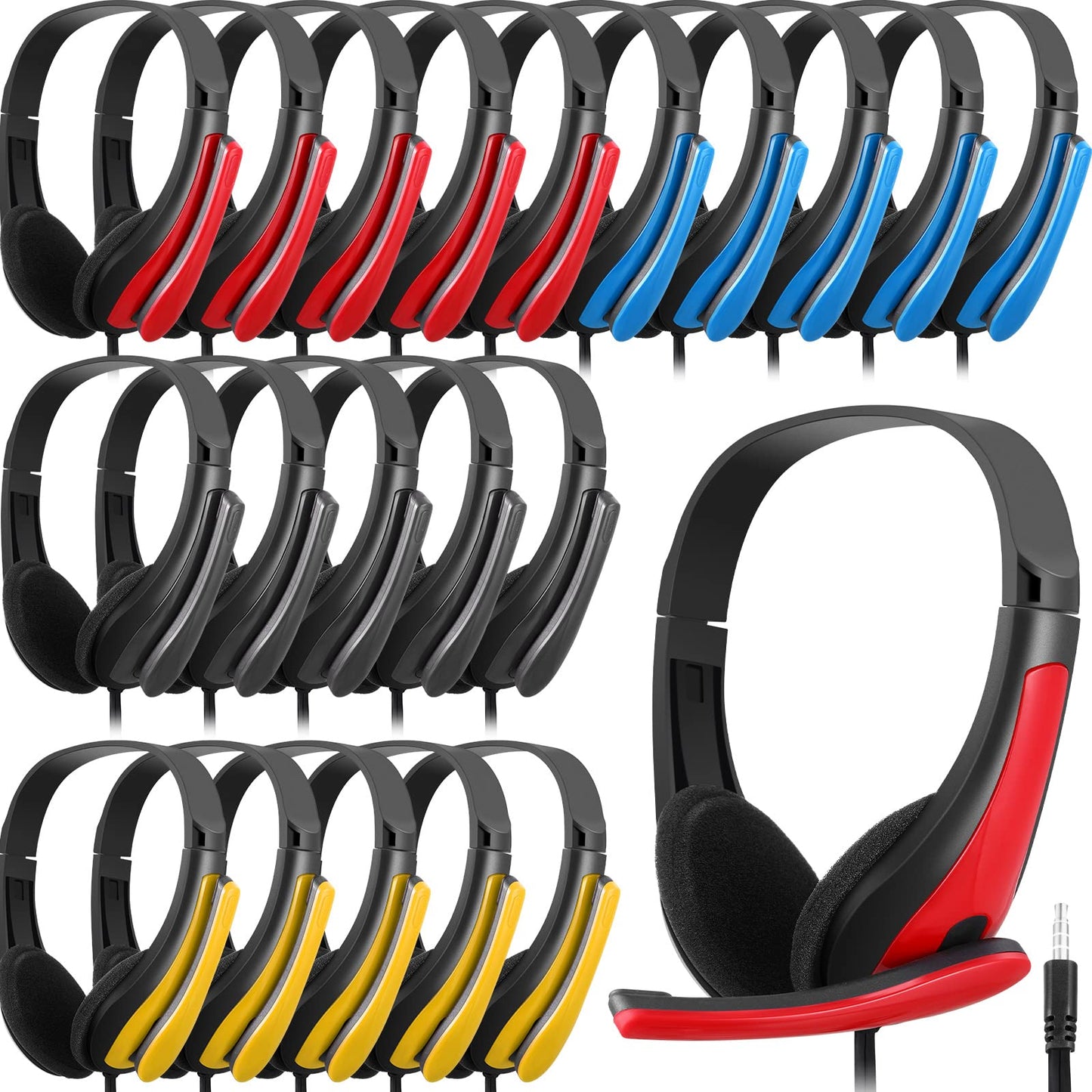 Yunsailing 20 Pack Bulk Classroom Headphones with Microphone Students Kids Wired School Class Headphones for School Library Computer Office Meeting Adults 3.5 Jack Universal Plug(Multicolor)