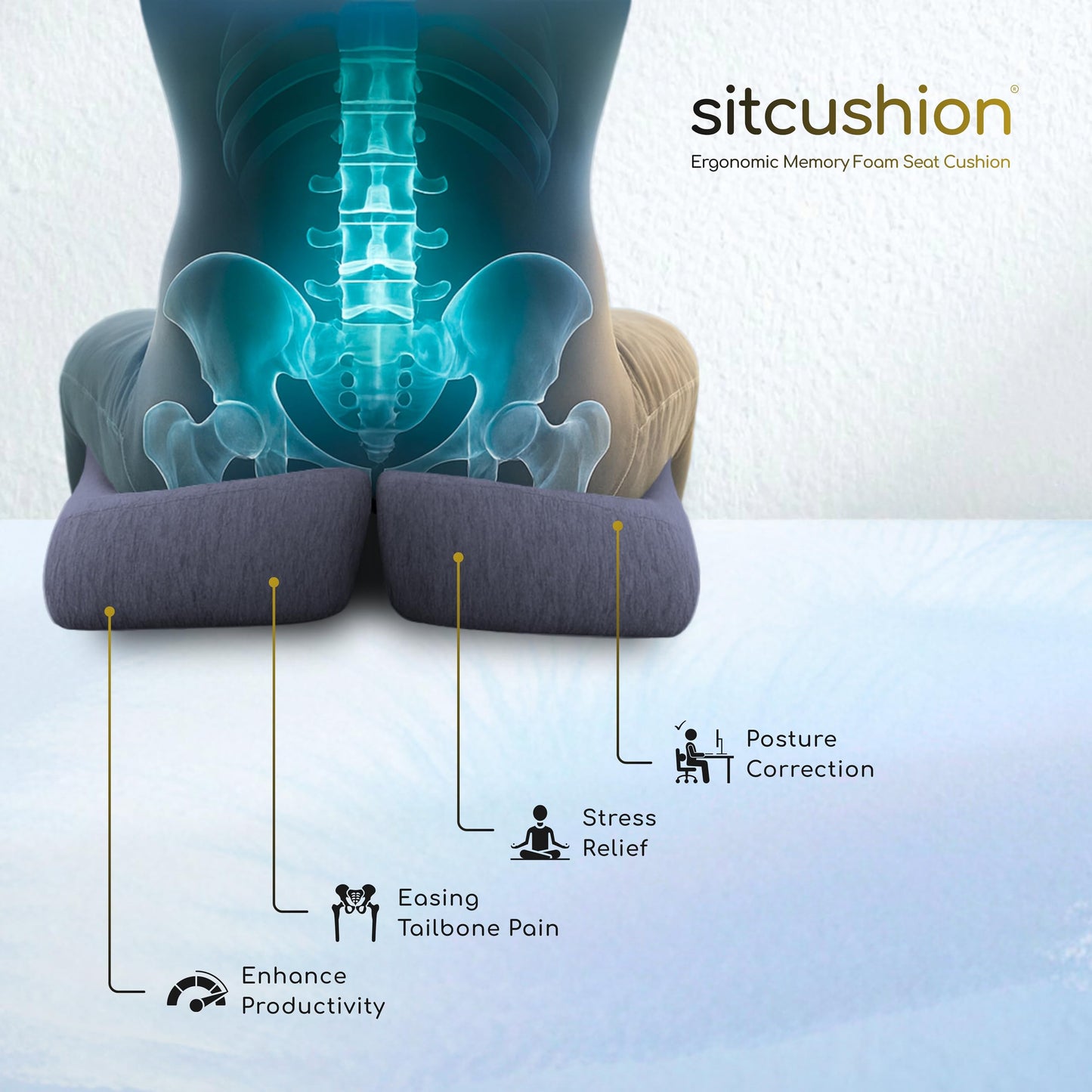 SitCushion Car Seat Cushion for Long Driving, Extra Large Memory Foam Seat Cushion for Sciatica Pain Relief, Car Essentials Orthopedic Pillow for Back Support, Tailbone Pain Relief Cushion (Black)